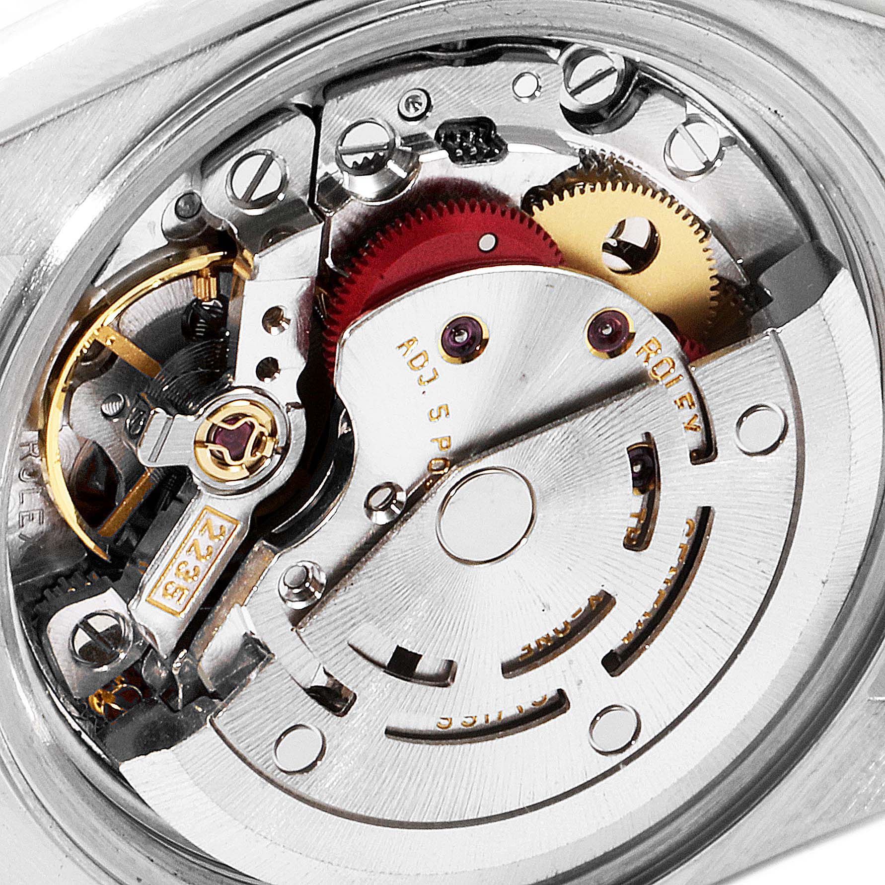 This image shows the internal mechanism of a Rolex Datejust 79173 Women
s Steel and Gold (two tone) Silver Dial 79173 Women
s Steel and Gold (two tone) Silver Dial watch from a close-up, back angle.