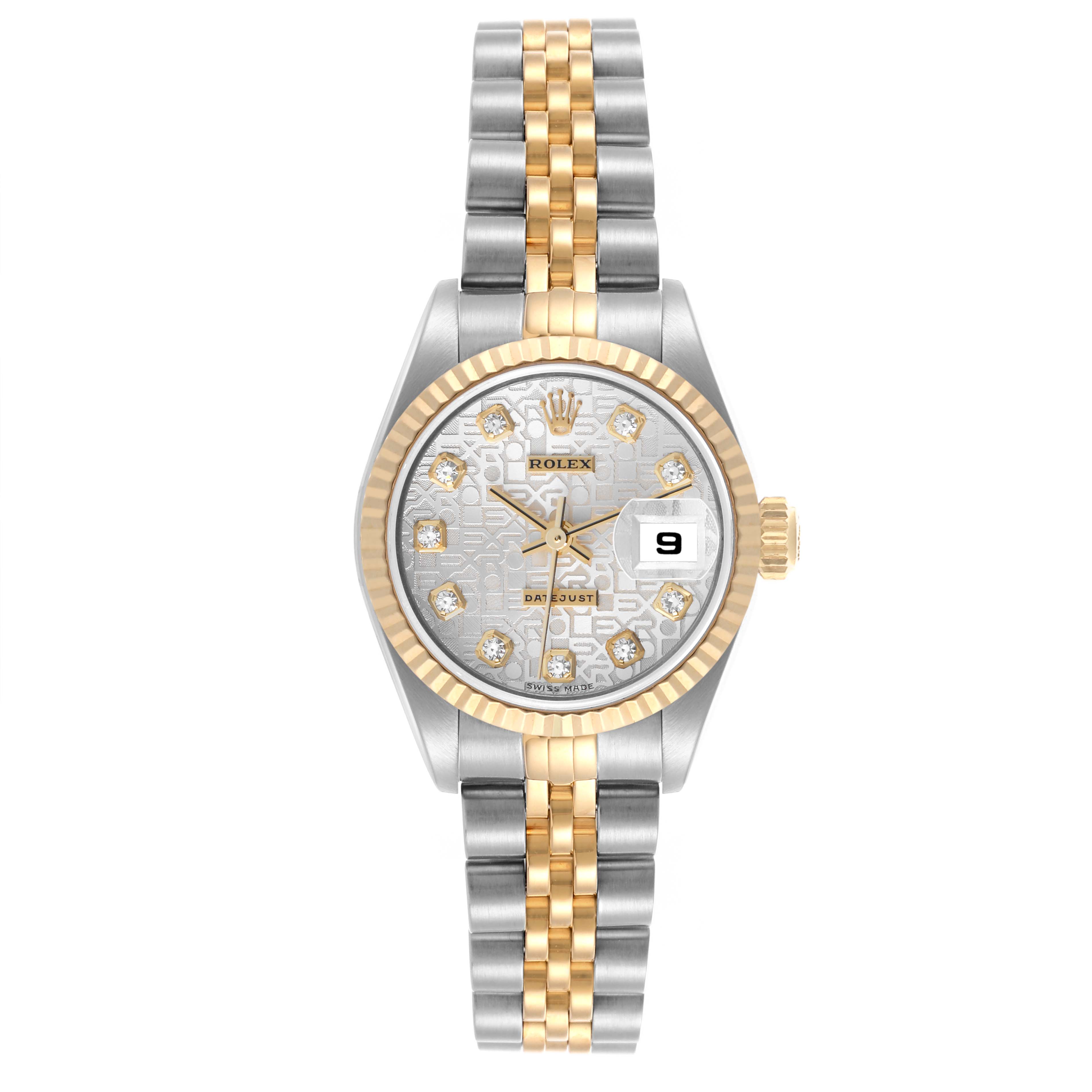 This Rolex Datejust 79173 Women's Steel and Gold (two tone) Silver Dial 79173 Women's Steel and Gold (two tone) Silver Dial watch is shown from a front angle, displaying the face, bezel, and bracelet.