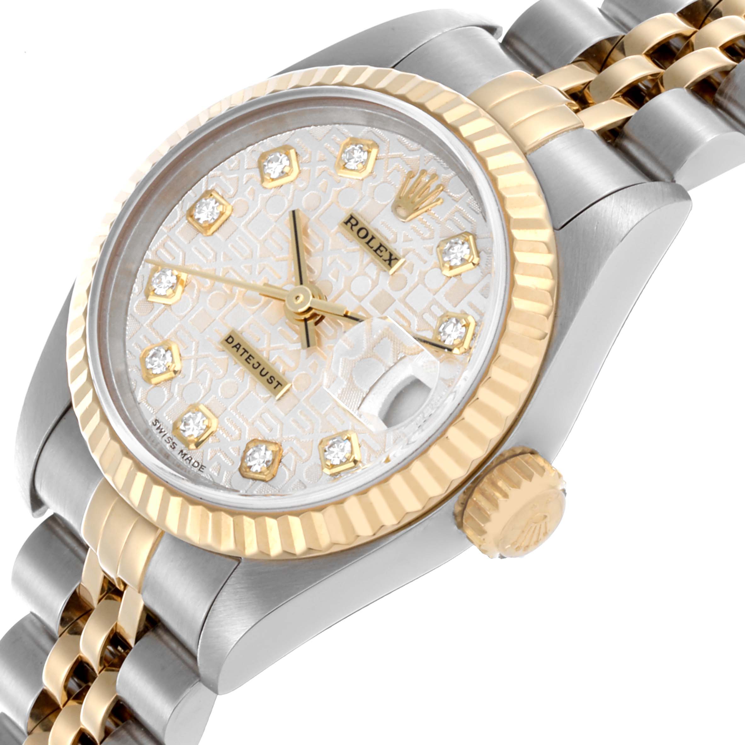 The Rolex Datejust 79173 Women's Steel and Gold (two tone) Silver Dial 79173 Women's Steel and Gold (two tone) Silver Dial watch is shown from a diagonal angle, highlighting the face, bezel, and bracelet details.