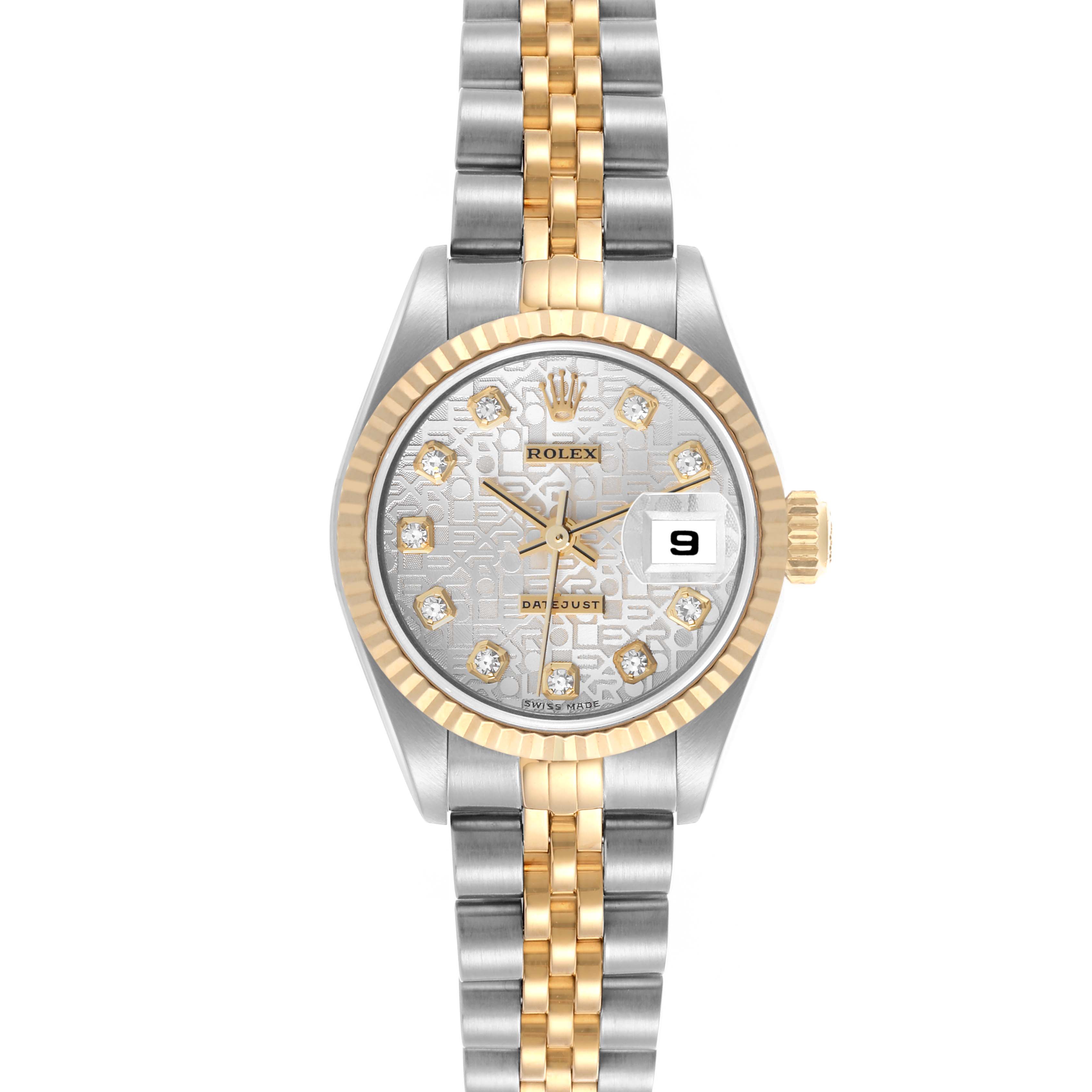 The image shows a frontal view of a Rolex Datejust 79173 Women's Steel and Gold (two tone) Silver Dial 79173 Women's Steel and Gold (two tone) Silver Dial watch with a two-tone bracelet and diamond markers.