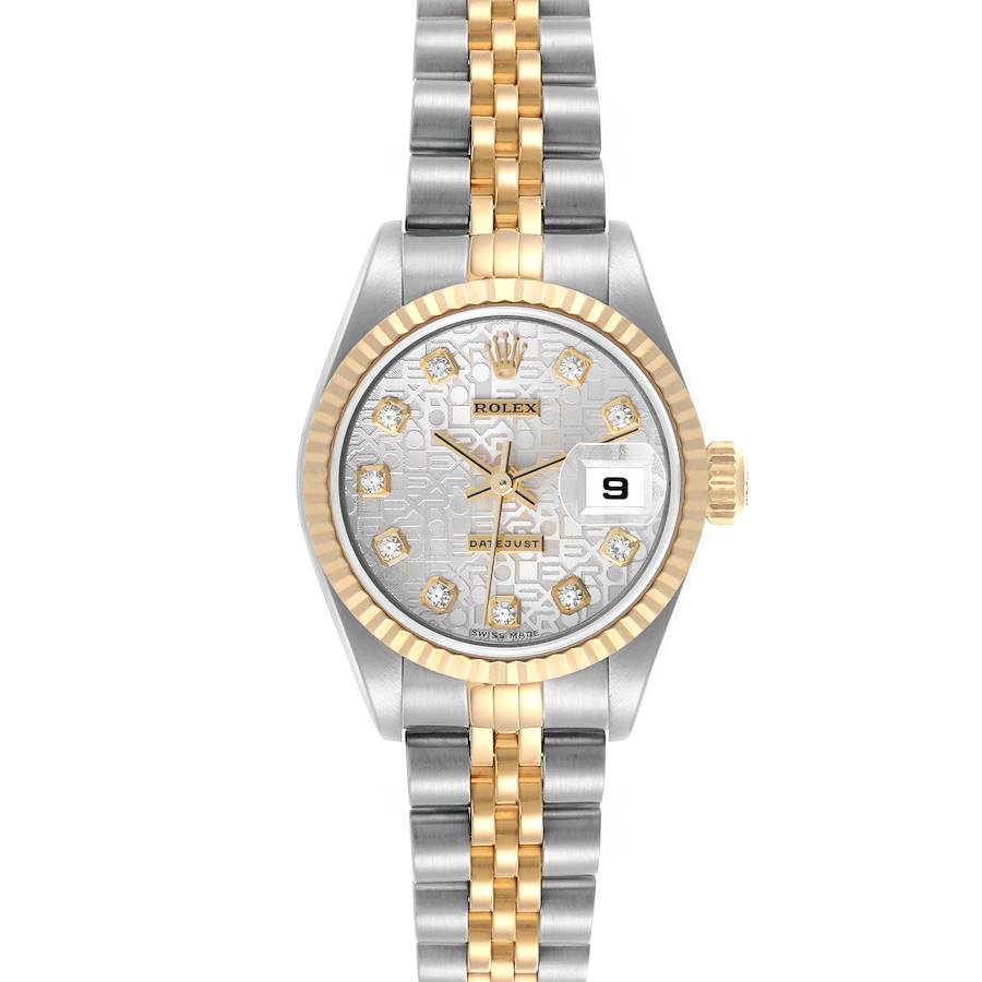 The image shows a frontal view of a Rolex Datejust watch with a two-tone bracelet and diamond markers.