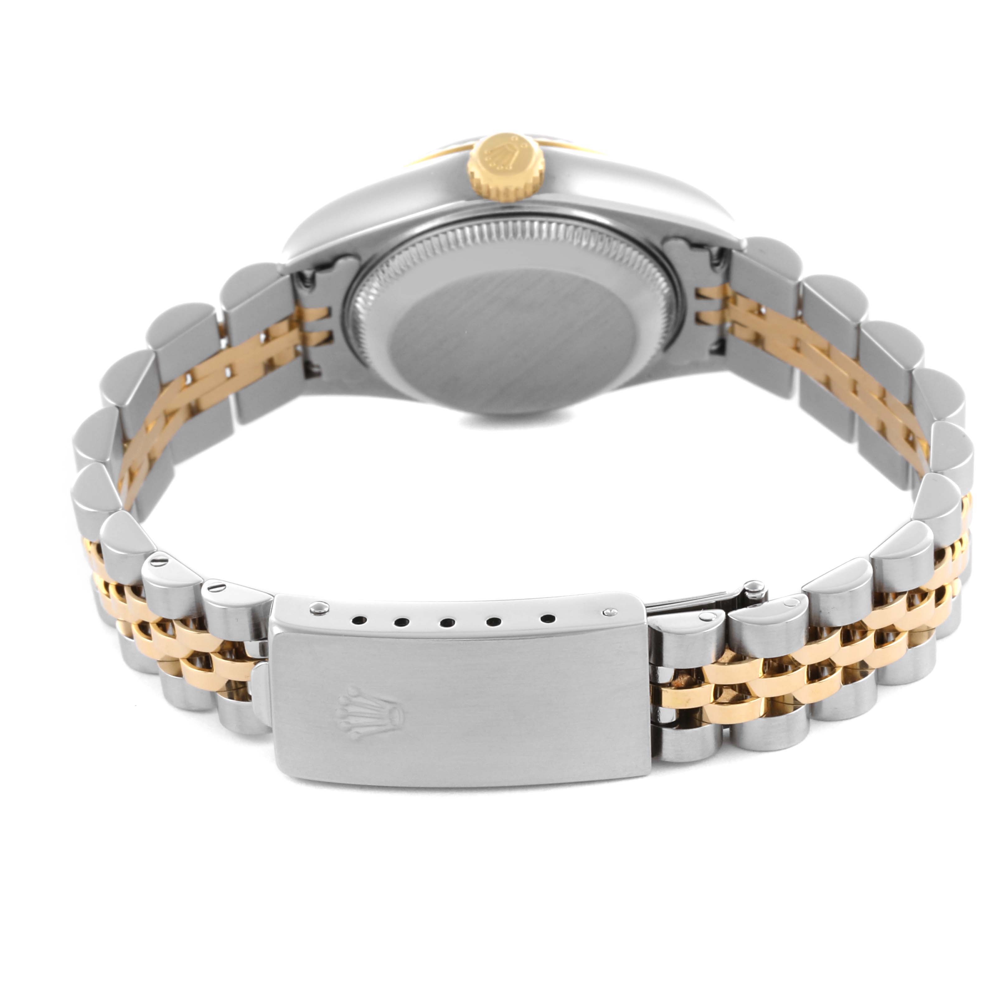 The Rolex Datejust 79173 Women's Steel and Gold (two tone) Silver Dial 79173 Women's Steel and Gold (two tone) Silver Dial watch is shown from the back angle, highlighting the clasp, bracelet, case back, and crown.