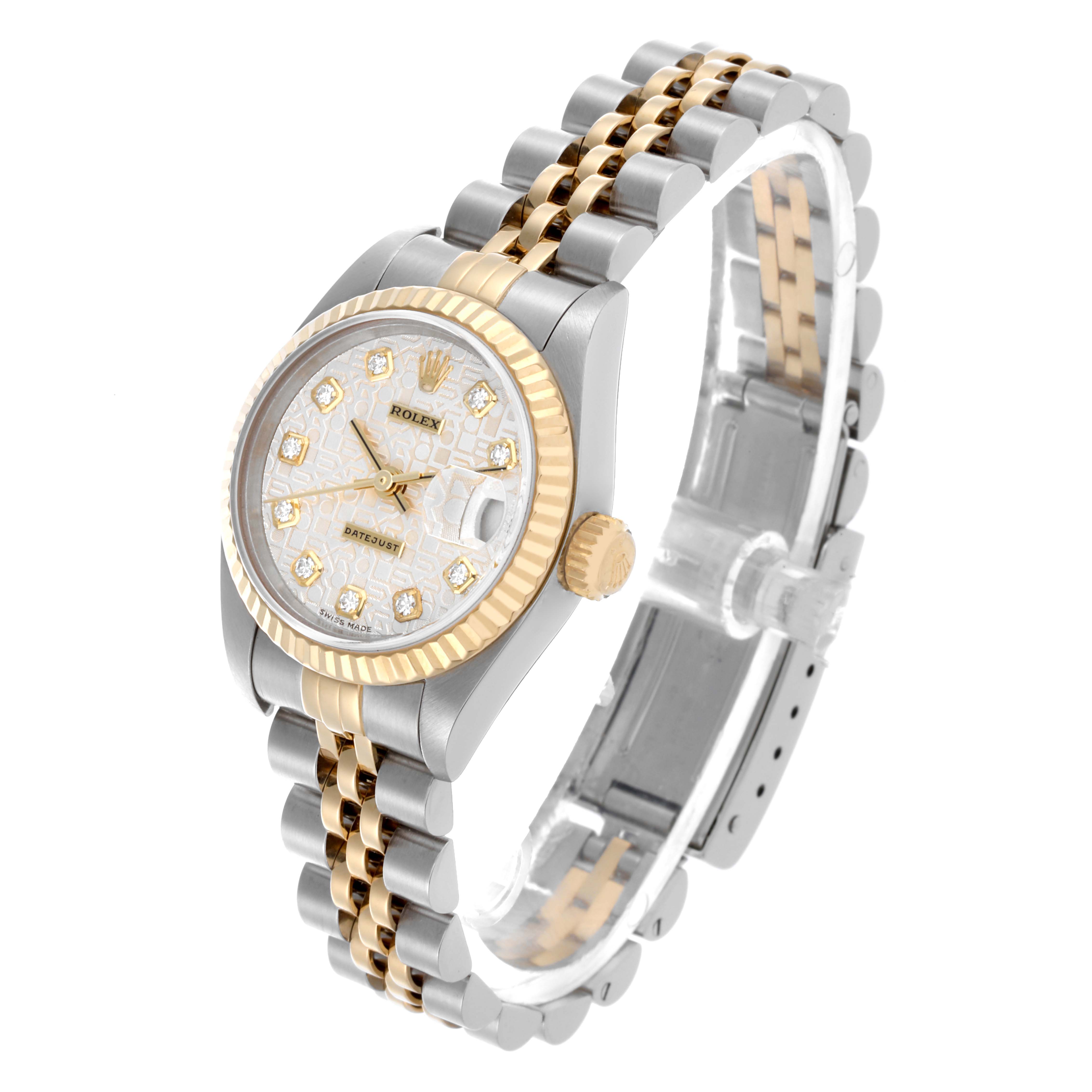 The Rolex Datejust 79173 Women's Steel and Gold (two tone) Silver Dial 79173 Women's Steel and Gold (two tone) Silver Dial watch shows a side angle displaying the face, bezel, crown, and part of the bracelet.