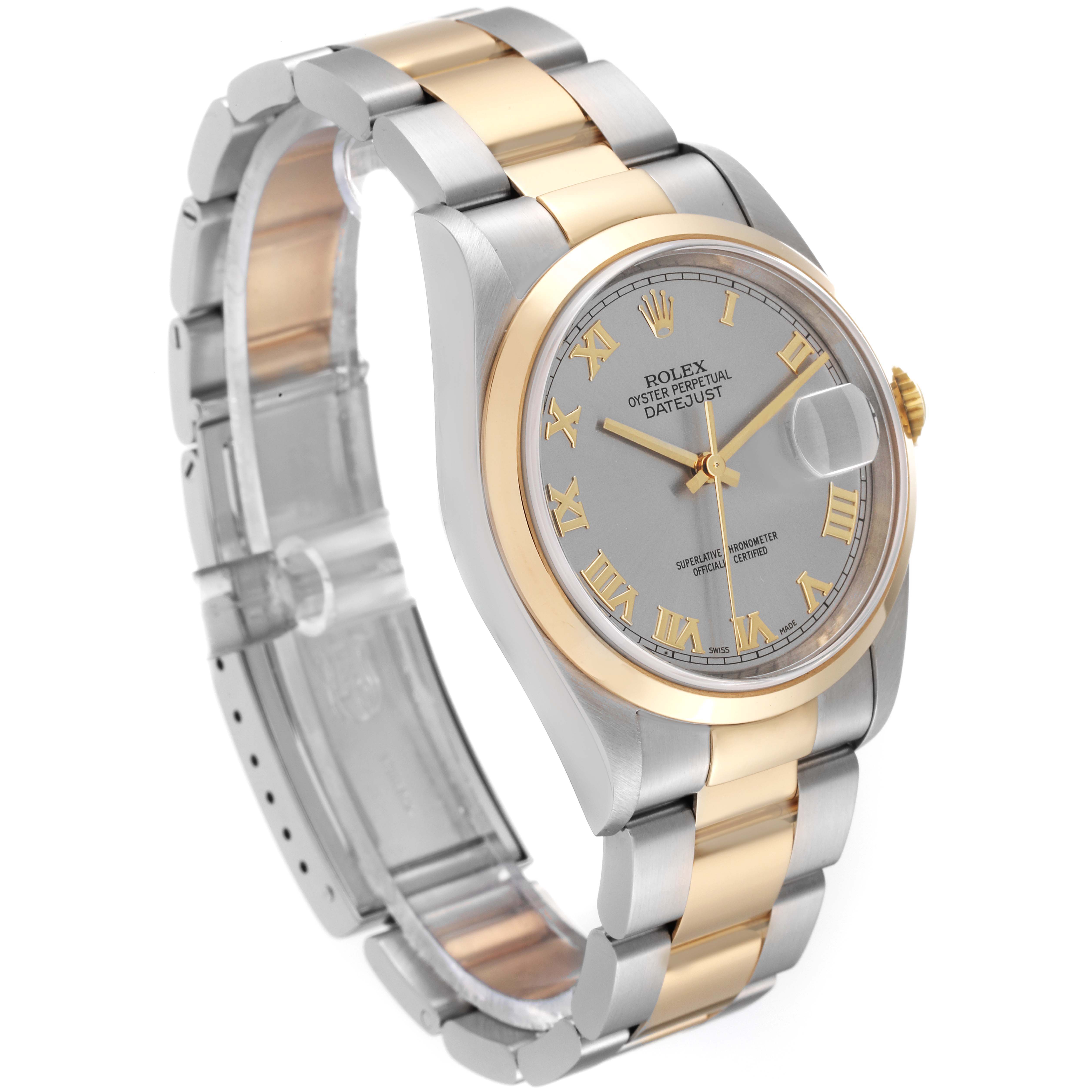 The image shows a Rolex Datejust 16203 Men's Steel and Gold (two tone) Grey Dial 16203 Men's Steel and Gold (two tone) Grey Dial watch at an oblique angle, highlighting the face, bezel, and part of the bracelet.