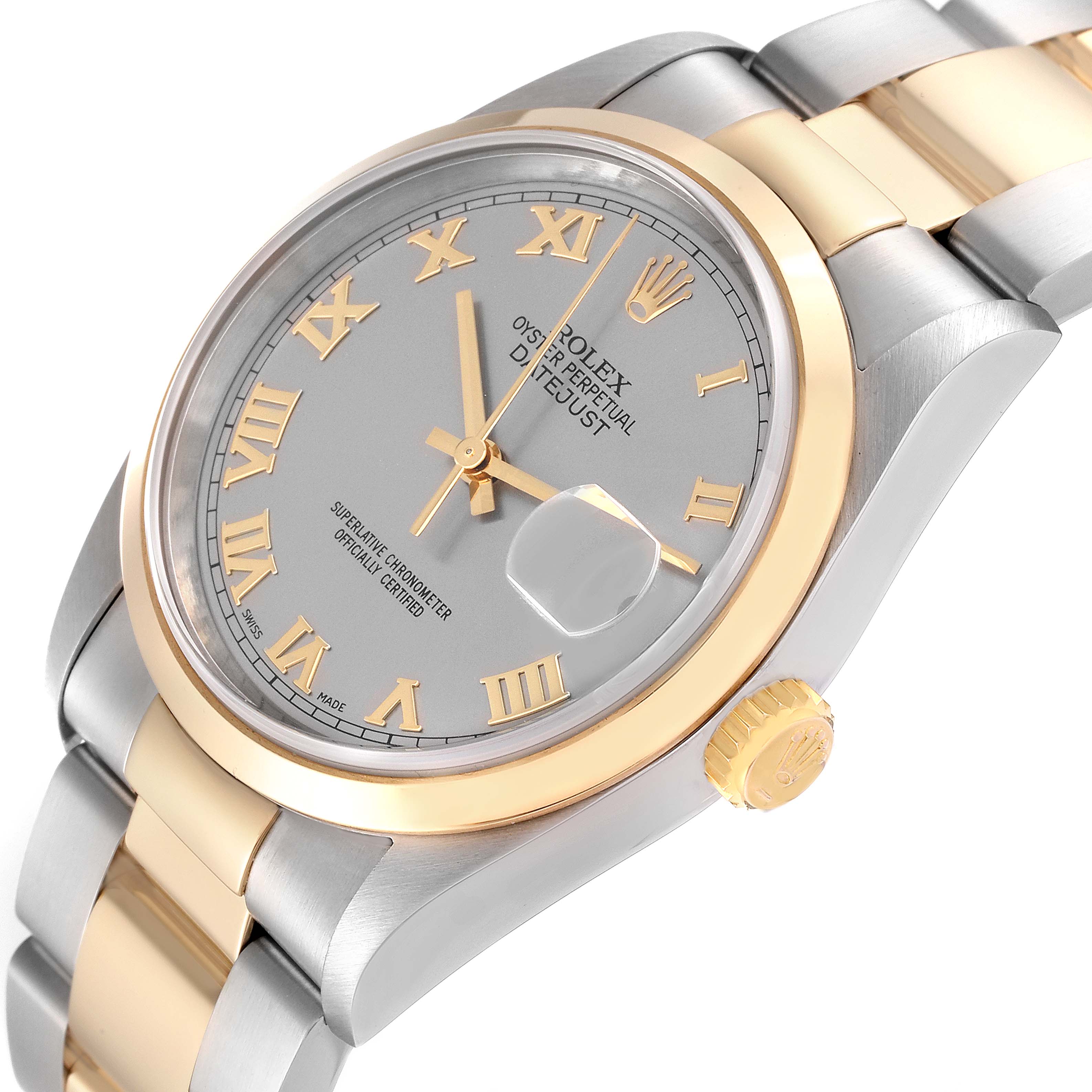 This angled view shows the face, bezel, crown, and part of the bracelet of the Rolex Datejust 16203 Men's Steel and Gold (two tone) Grey Dial 16203 Men's Steel and Gold (two tone) Grey Dial.