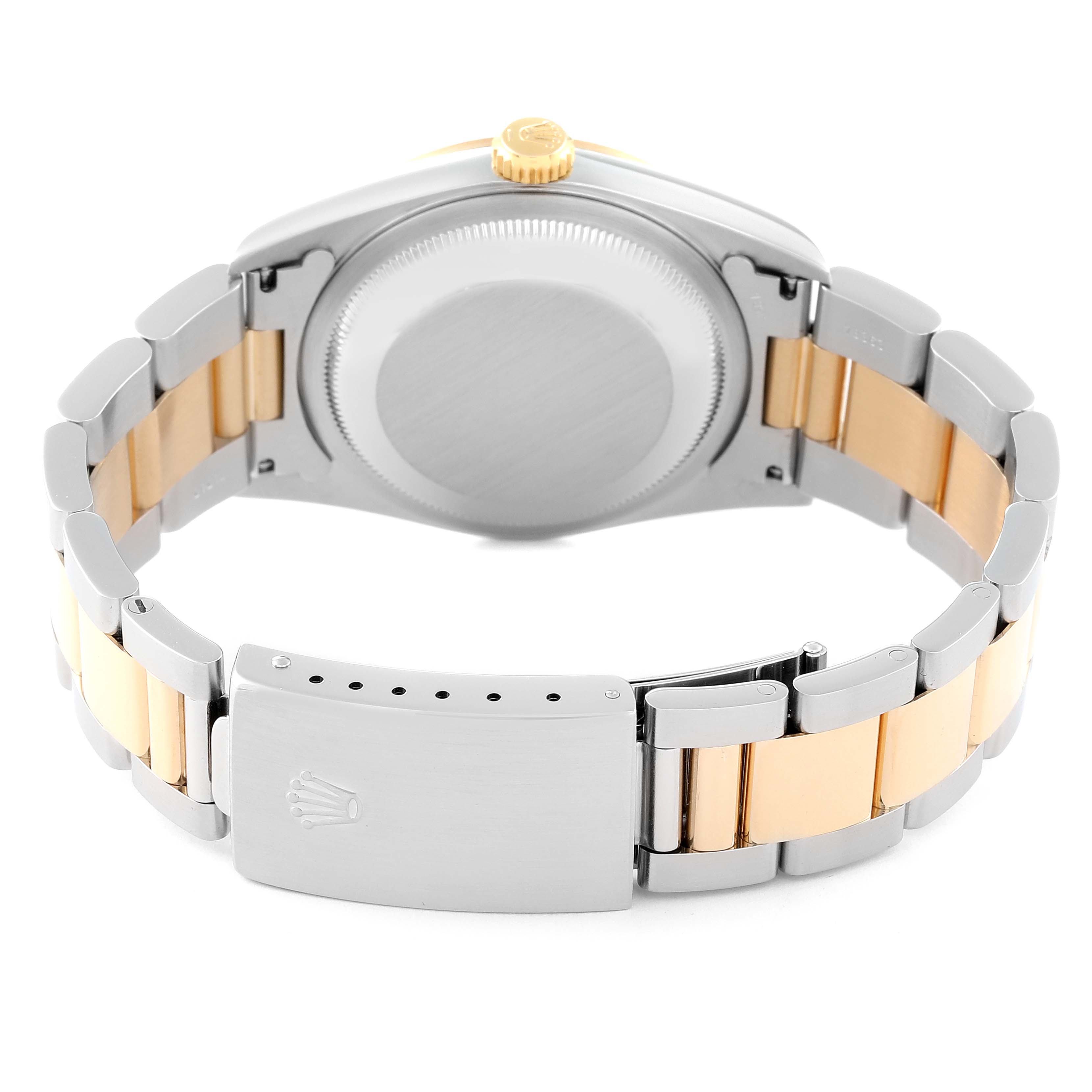 The image shows the back case and clasp of a Rolex Datejust 16203 Men's Steel and Gold (two tone) Grey Dial 16203 Men's Steel and Gold (two tone) Grey Dial watch, highlighting the two-tone bracelet.