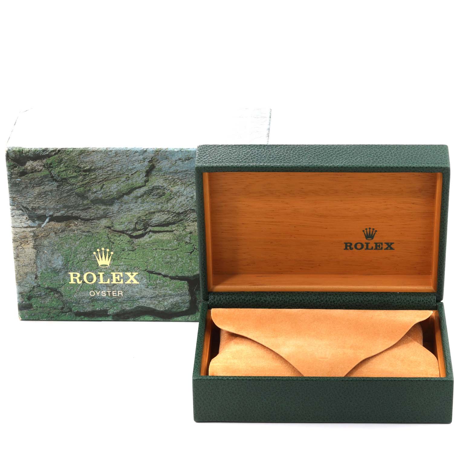 The image shows an open Rolex box for the Datejust model, displaying an interior case.