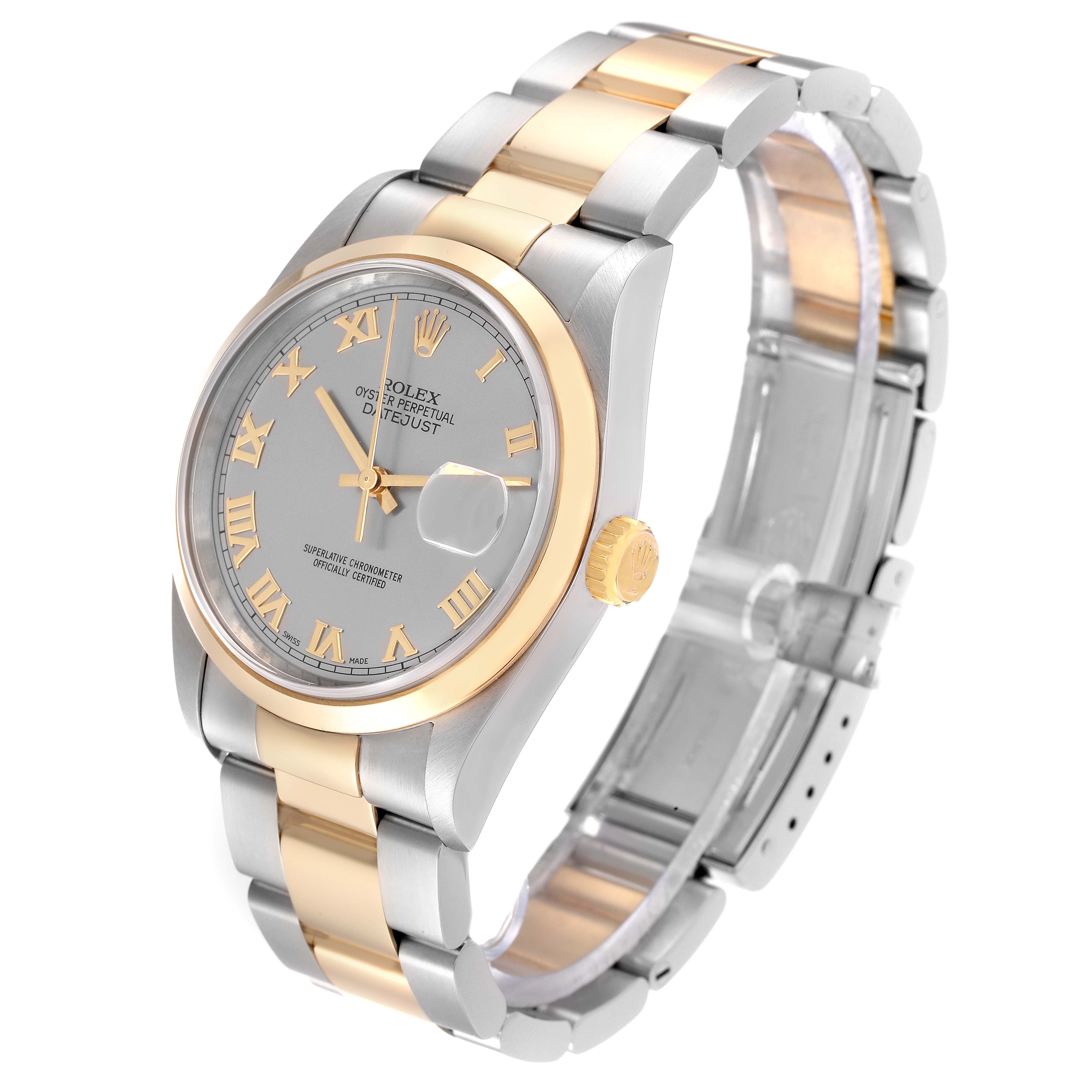 The image shows an angled view of a Rolex Datejust 16203 Men's Steel and Gold (two tone) Grey Dial 16203 Men's Steel and Gold (two tone) Grey Dial watch highlighting its dial, bezel, crown, and two-tone bracelet.