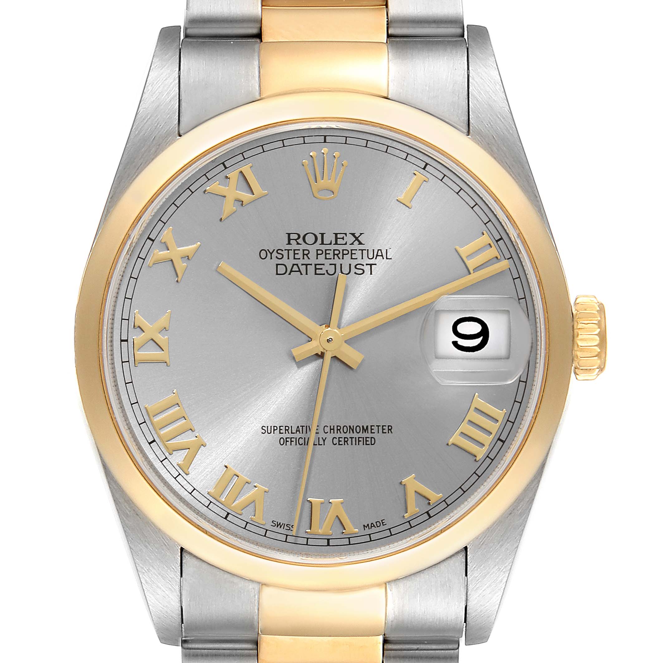 This image shows a front view of the Rolex Datejust 16203 Men's Steel and Gold (two tone) Grey Dial 16203 Men's Steel and Gold (two tone) Grey Dial, highlighting the dial, hands, date window, and part of the bracelet.