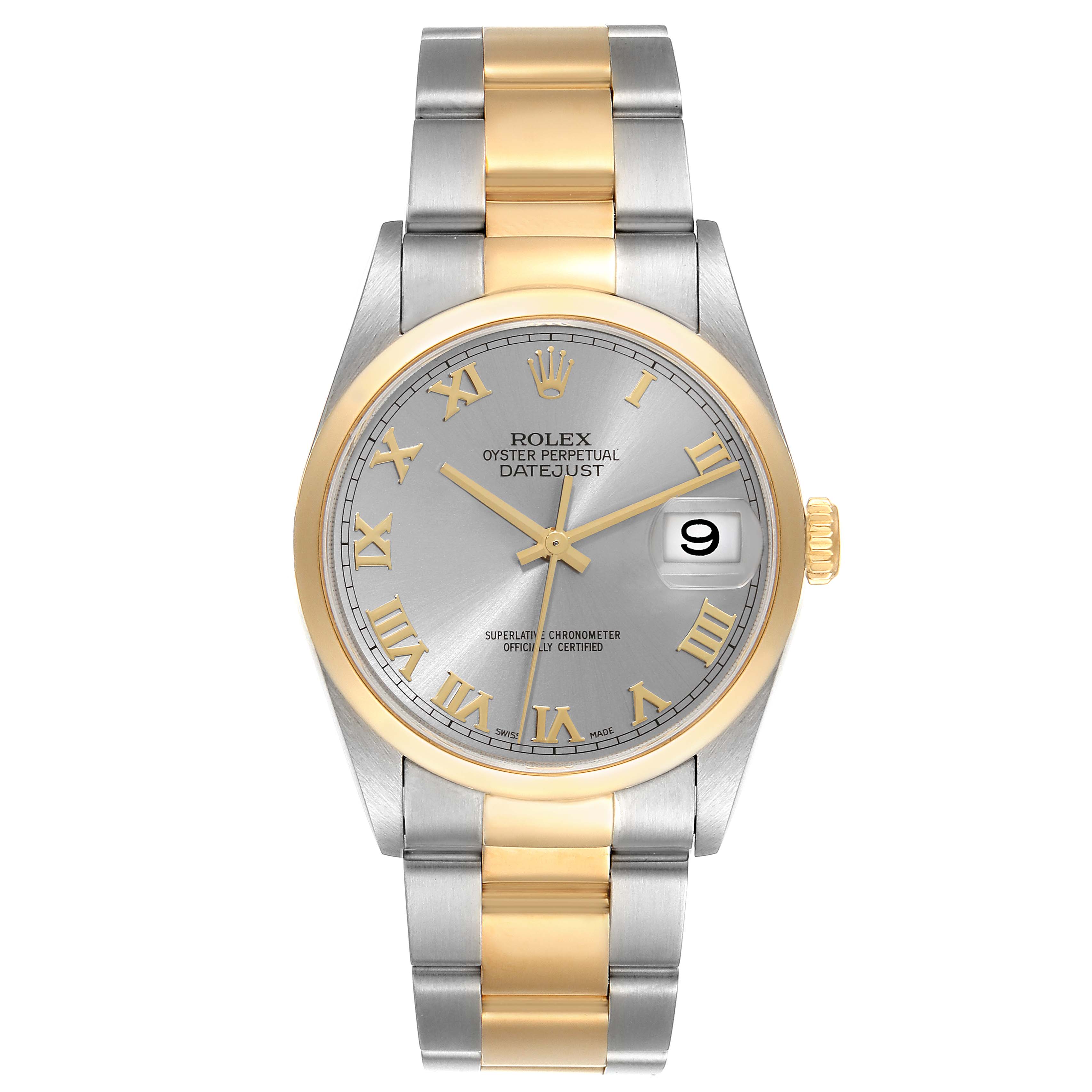 The Rolex Datejust 16203 Men's Steel and Gold (two tone) Grey Dial 16203 Men's Steel and Gold (two tone) Grey Dial watch is shown from a front angle, displaying its dial, bezel, and bracelet.
