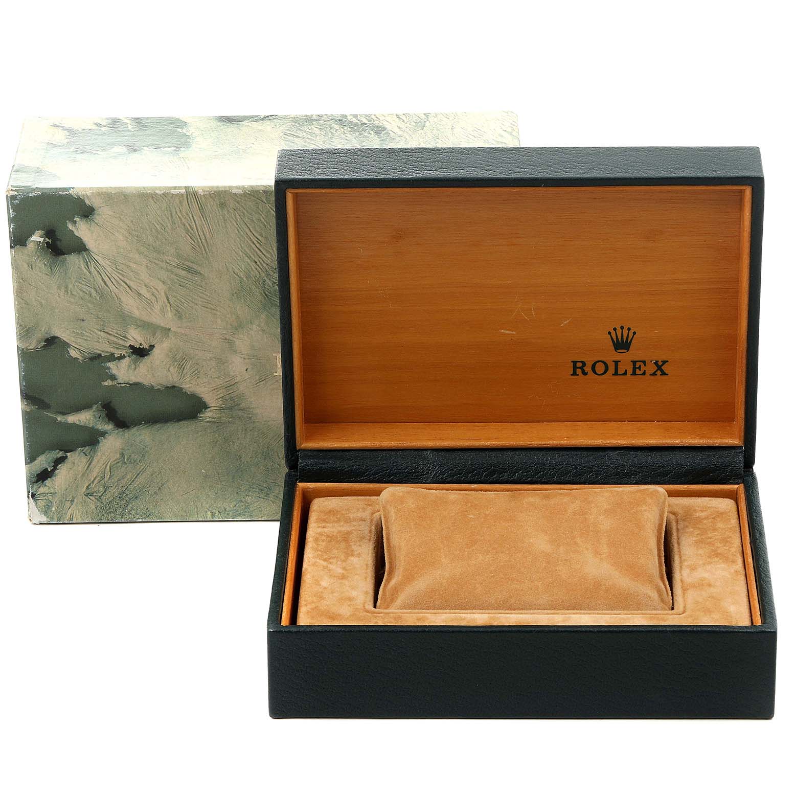 This image shows an open Rolex Datejust 16233 Men's Steel and Gold (two tone) Blue Dial 16233 Men's Steel and Gold (two tone) Blue Dial watch box with a cushion inside and a textured outer box in the background.