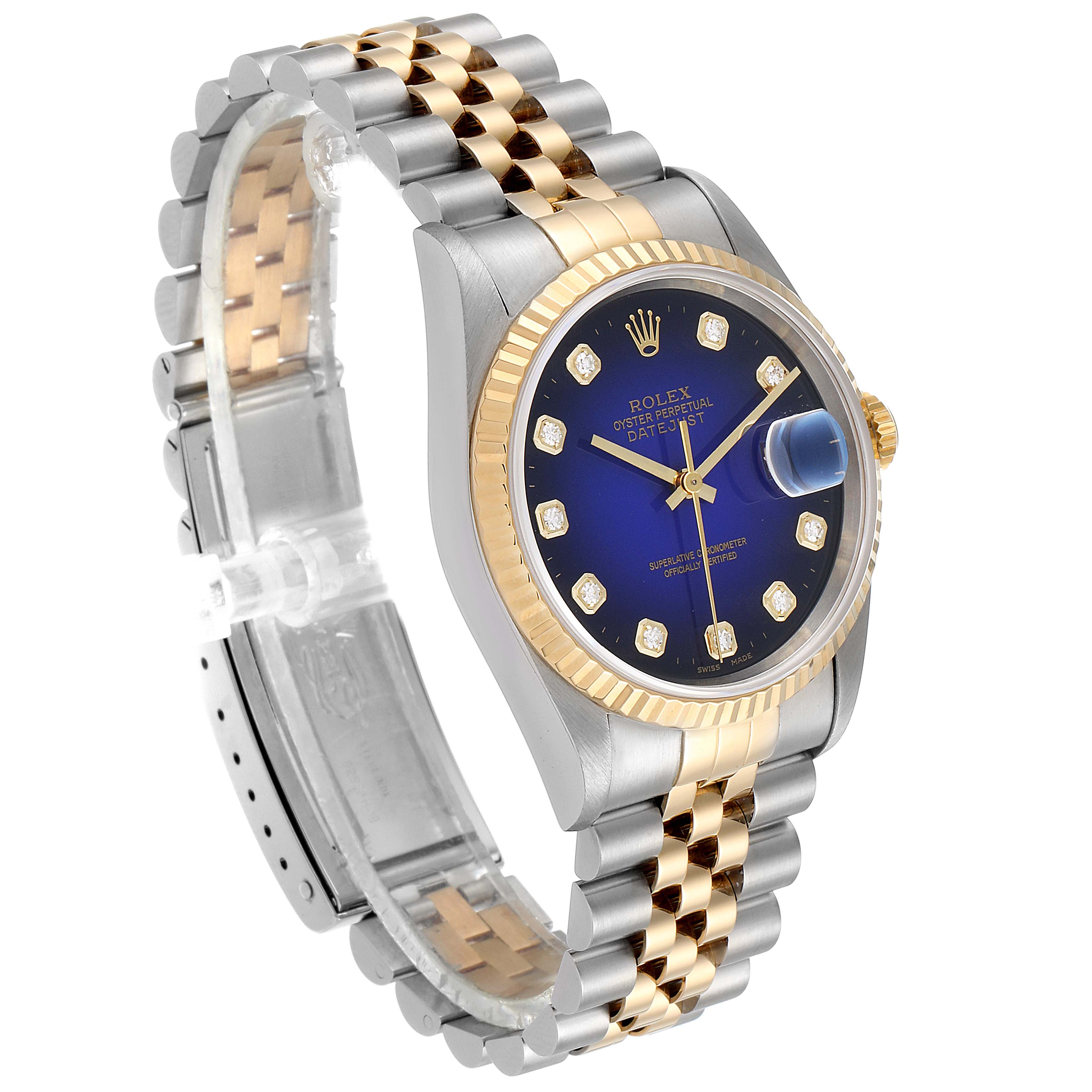 The Rolex Datejust 16233 Men's Steel and Gold (two tone) Blue Dial 16233 Men's Steel and Gold (two tone) Blue Dial watch is shown at an angle displaying the face, bezel, and part of the bracelet.