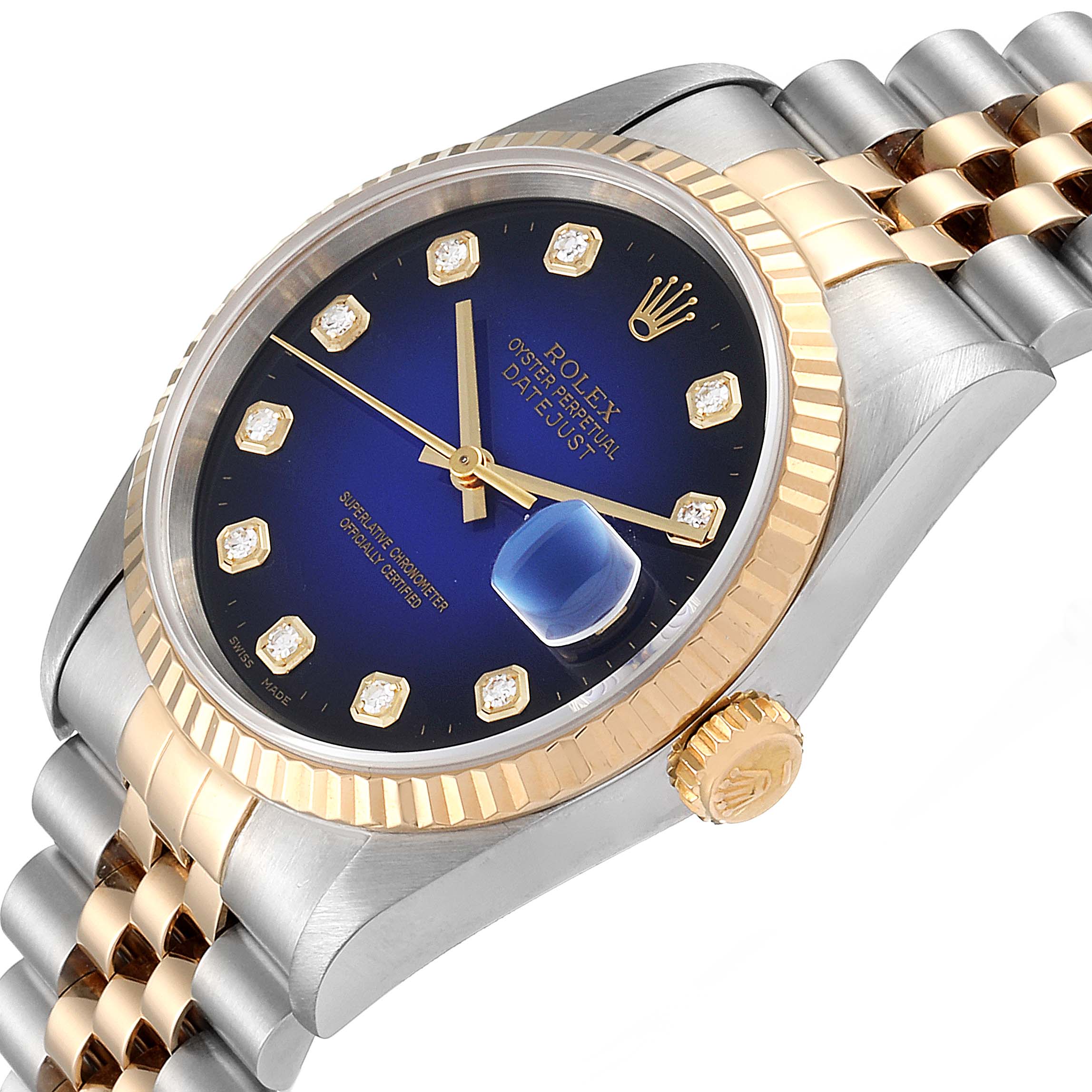 The image shows a close-up angle of the Rolex Datejust 16233 Men's Steel and Gold (two tone) Blue Dial 16233 Men's Steel and Gold (two tone) Blue Dial watch, displaying its face, bezel, and part of the bracelet.