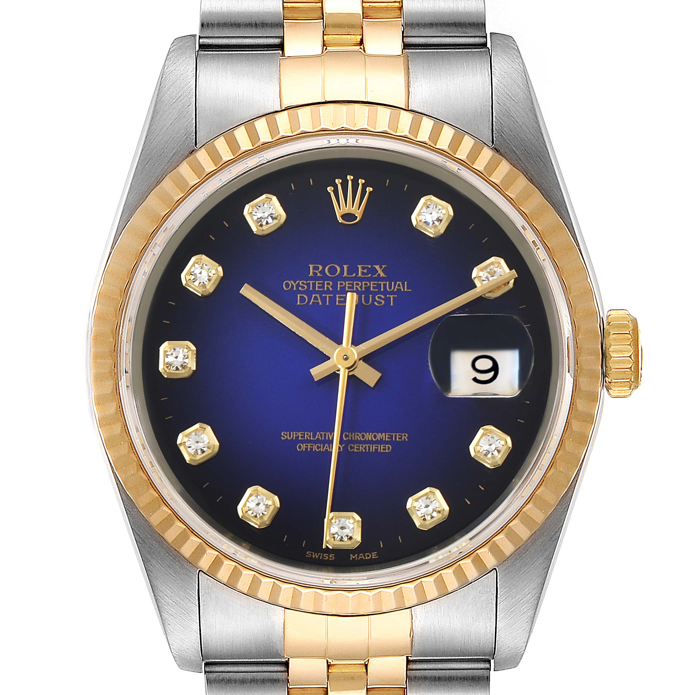 The Rolex Datejust 16233 Men's Steel and Gold (two tone) Blue Dial 16233 Men's Steel and Gold (two tone) Blue Dial watch is shown from a top-down angle, highlighting the face, bezel, crown, and bracelet.