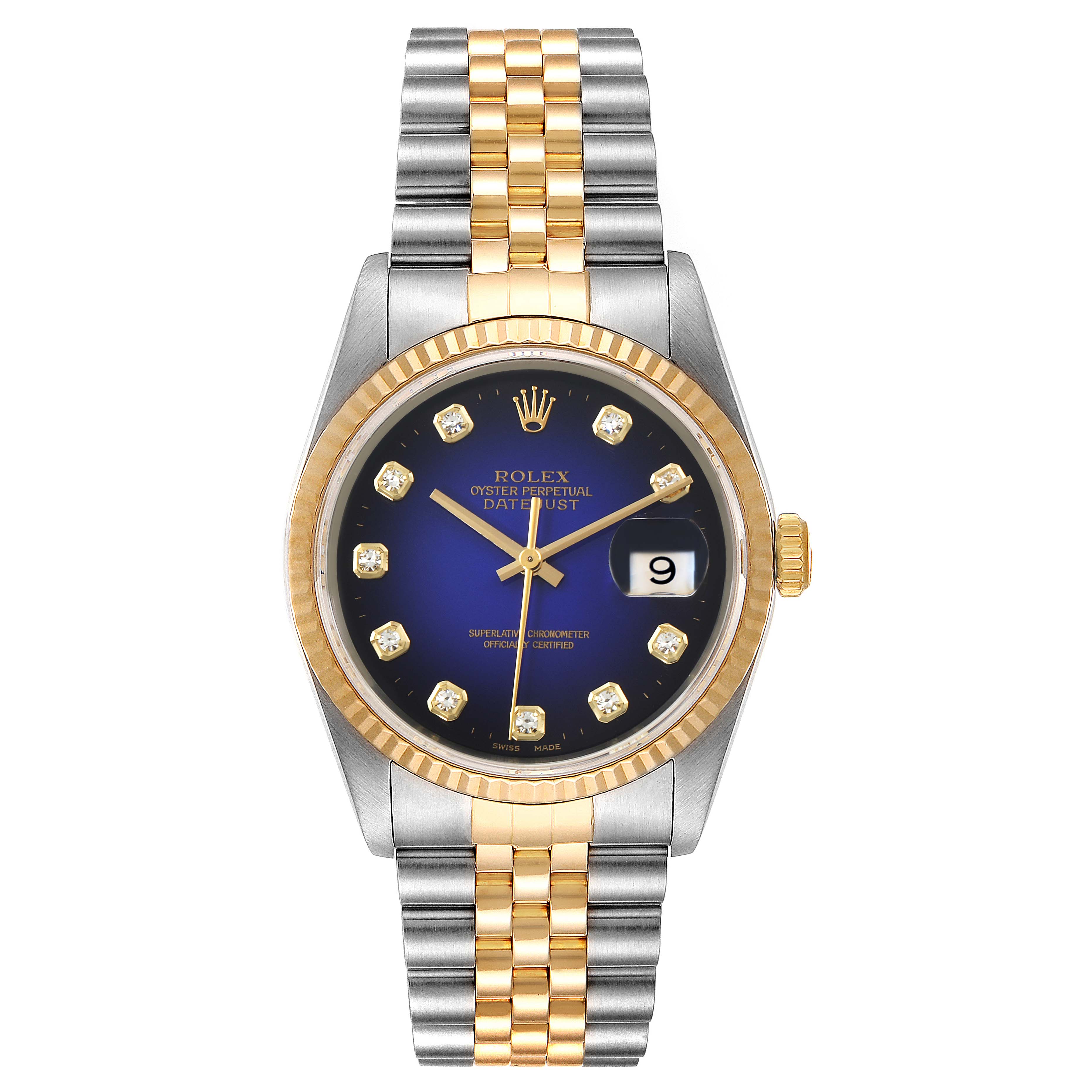 The Rolex Datejust 16233 Men's Steel and Gold (two tone) Blue Dial 16233 Men's Steel and Gold (two tone) Blue Dial model watch is shown from the front, displaying the dial, bezel, and bracelet.