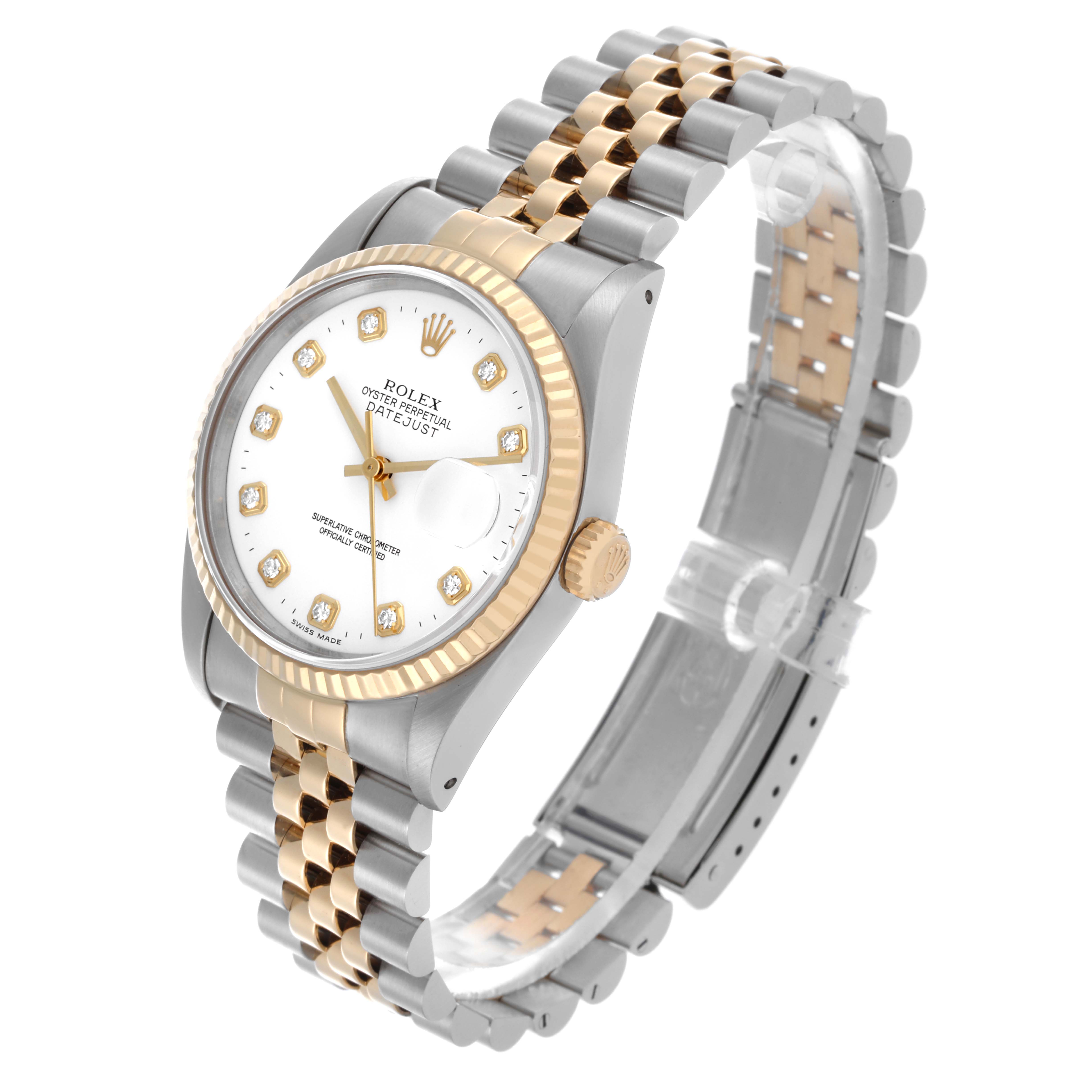 The Rolex Datejust 16233 Men
s Steel and Gold (two tone) White Dial 16233 Men
s Steel and Gold (two tone) White Dial watch is shown at a three-quarter angle, highlighting the dial, crown, and Jubilee bracelet.