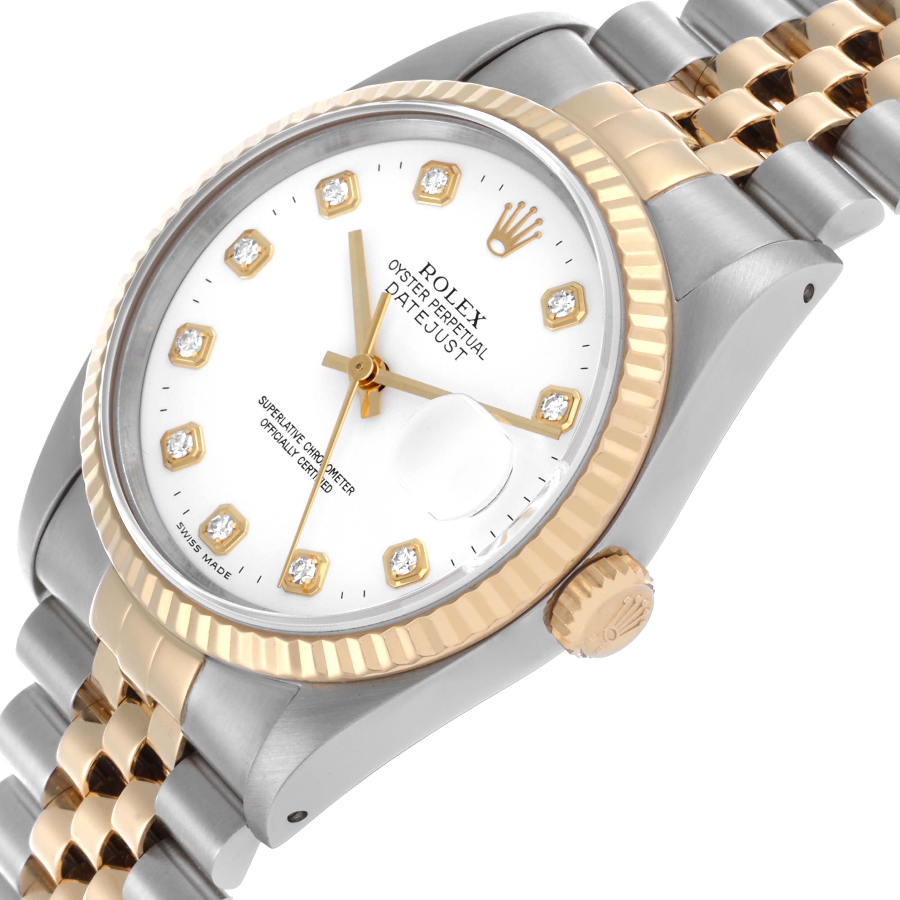 The image shows a Rolex Datejust 16233 Men
s Steel and Gold (two tone) White Dial 16233 Men
s Steel and Gold (two tone) White Dial watch at a tilted angle, highlighting the face, crown, and part of the bracelet.