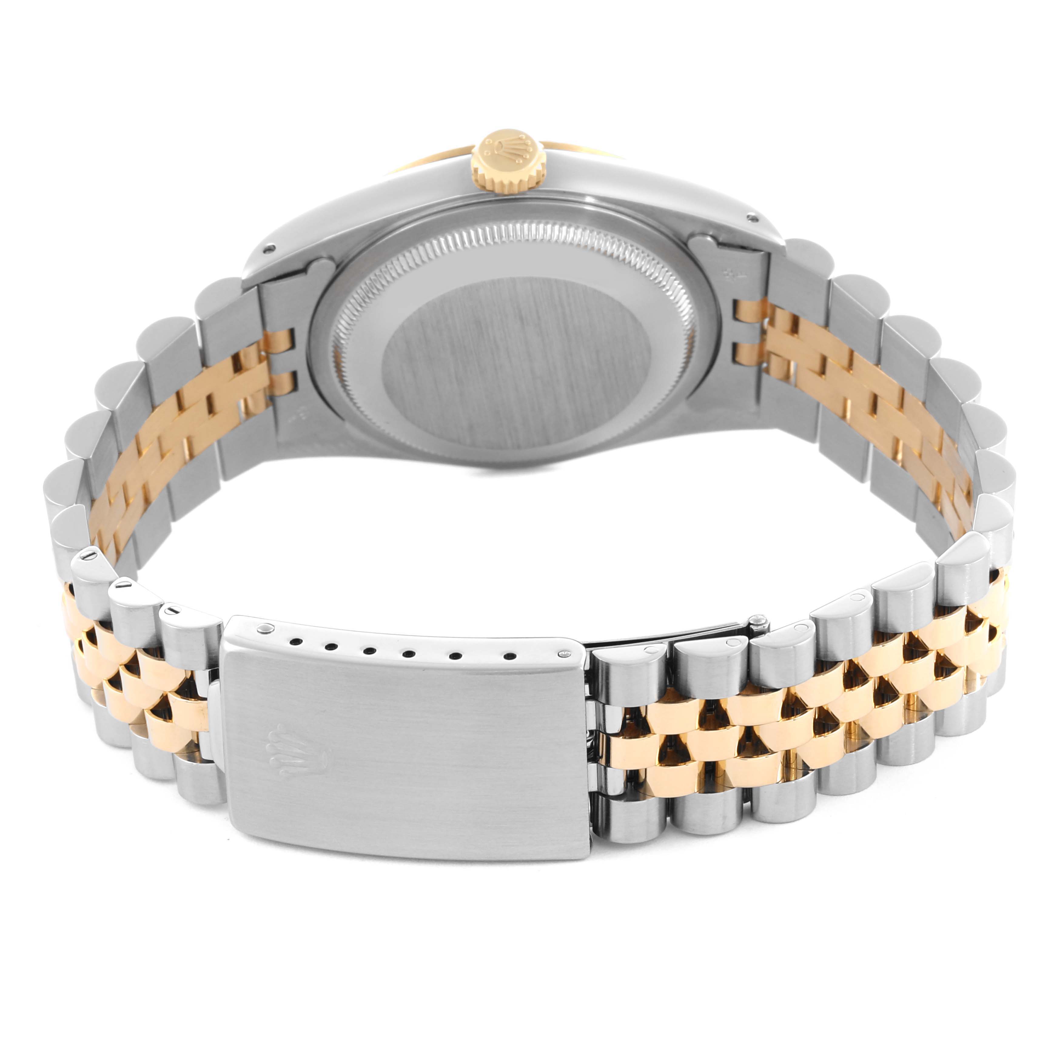 The Rolex Datejust 16233 Men
s Steel and Gold (two tone) White Dial 16233 Men
s Steel and Gold (two tone) White Dial is shown from the back, highlighting the case, crown, and two-tone Jubilee bracelet clasp.