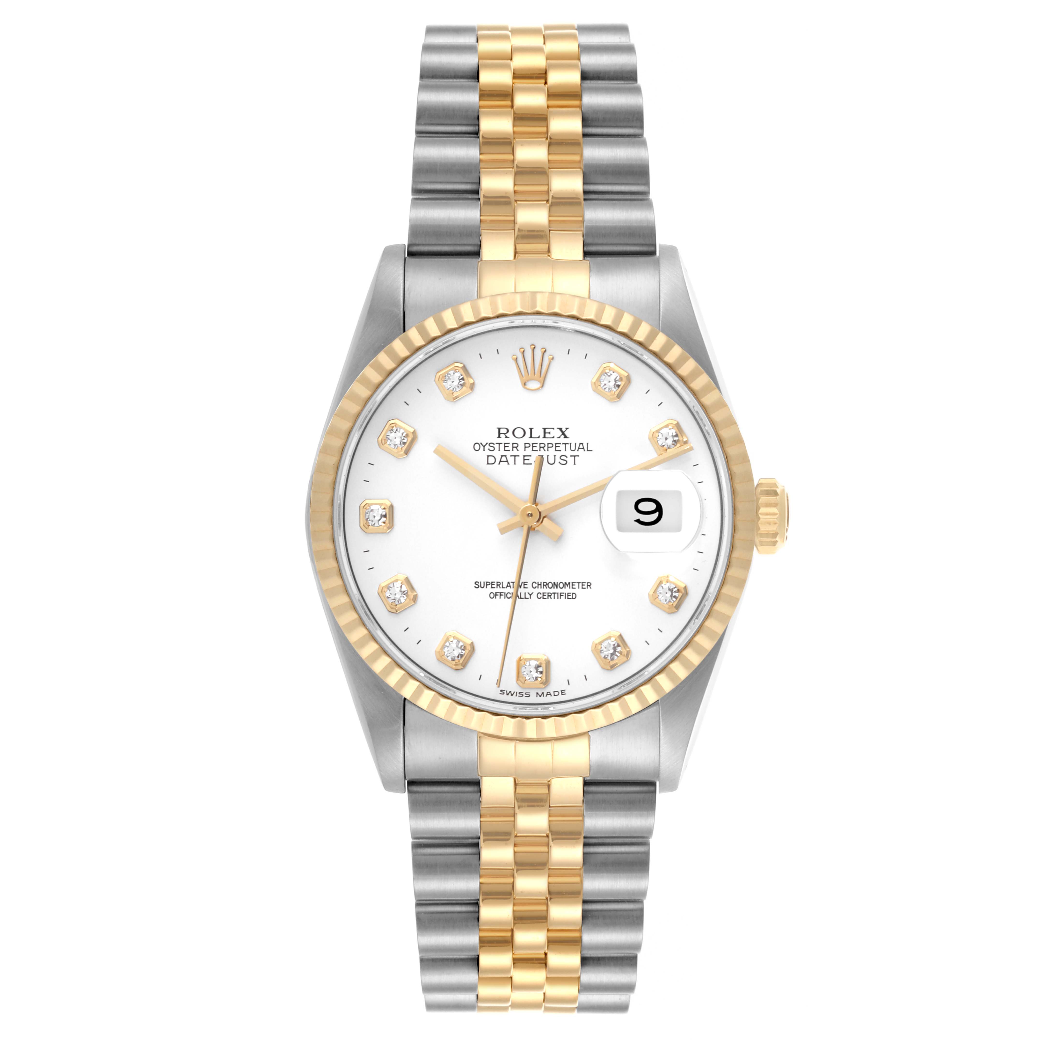 The Rolex Datejust 16233 Men
s Steel and Gold (two tone) White Dial 16233 Men
s Steel and Gold (two tone) White Dial watch is shown from the front, displaying its face, bezel, dial, hands, and two-tone bracelet.