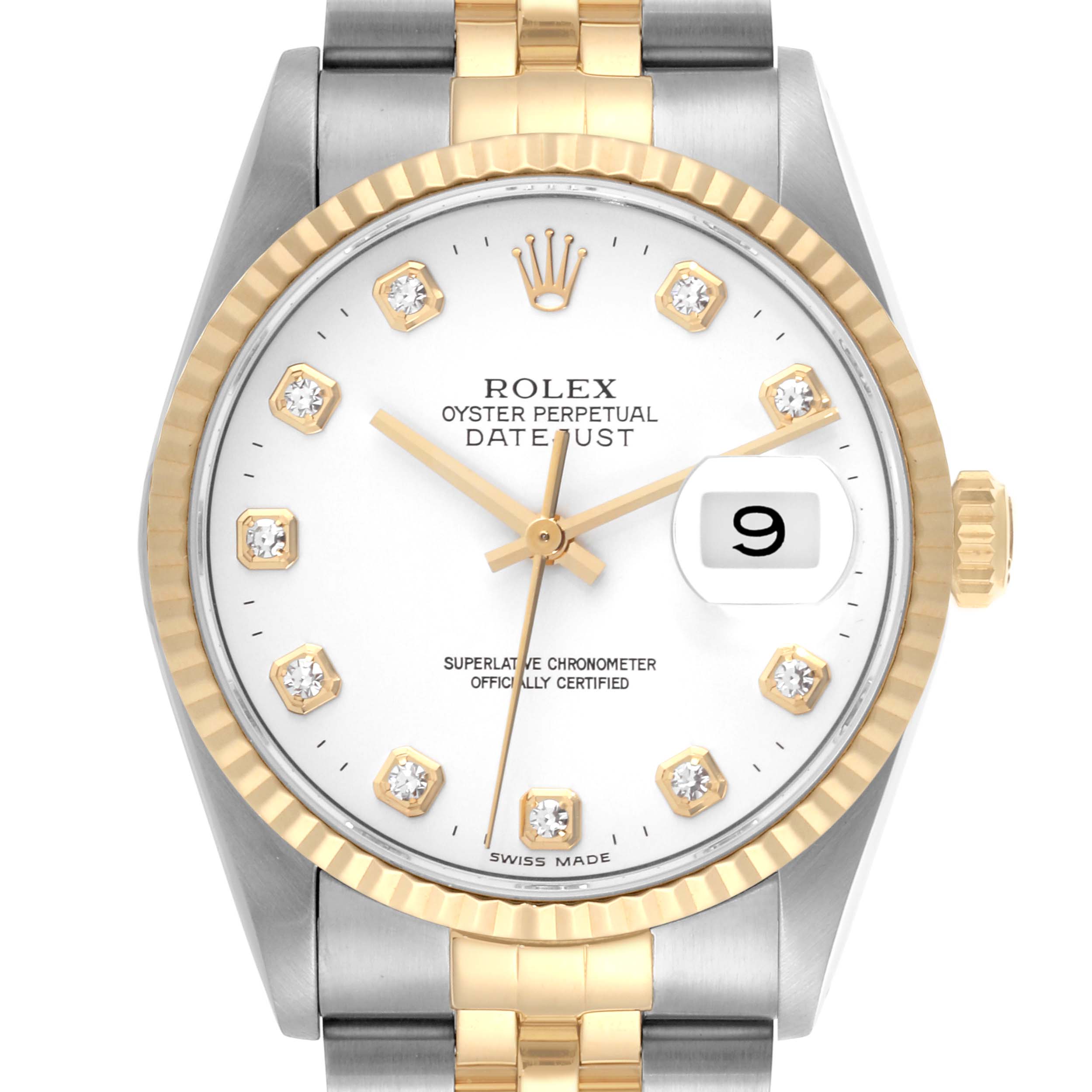 The Rolex Datejust 16233 Men
s Steel and Gold (two tone) White Dial 16233 Men
s Steel and Gold (two tone) White Dial watch is shown from the front, highlighting the dial, bezel, crown, and part of the bracelet.