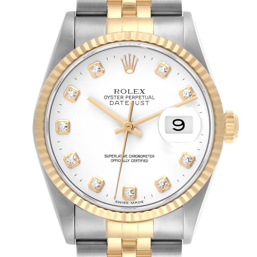 The Rolex Datejust watch is shown from the front, highlighting the dial, bezel, crown, and part of the bracelet.