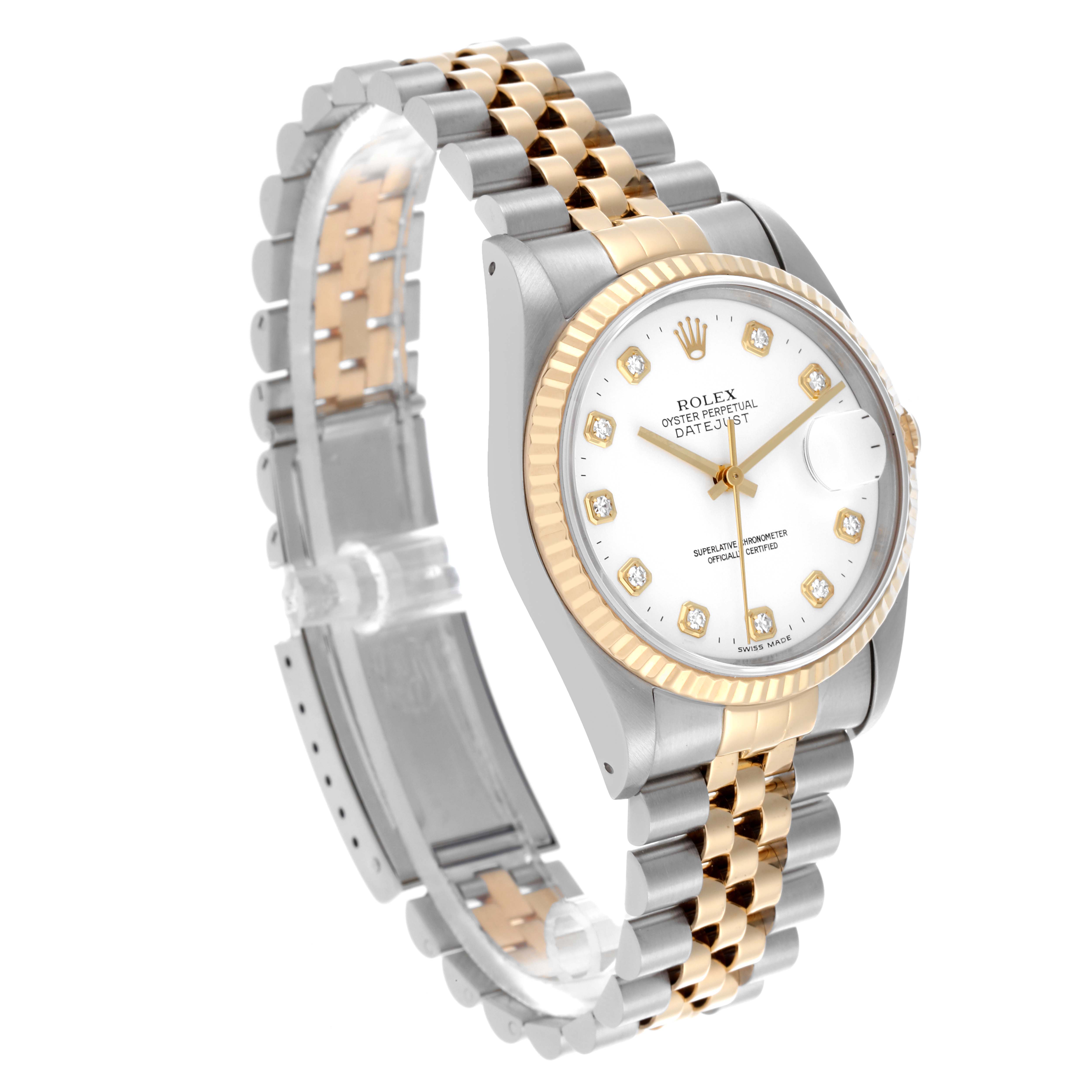 The Rolex Datejust 16233 Men
s Steel and Gold (two tone) White Dial 16233 Men
s Steel and Gold (two tone) White Dial watch is shown at an angle highlighting the case, dial, bracelet, and fluted bezel.