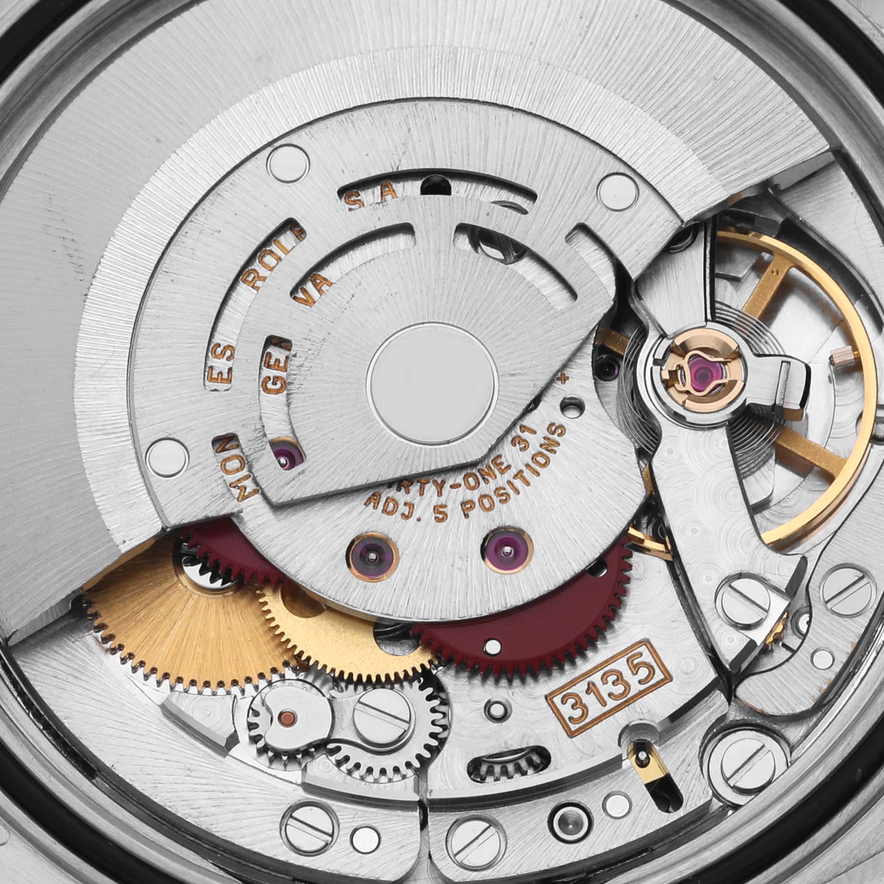 The image shows the intricate movement mechanism of the Rolex Datejust 16233 Men
s Steel and Gold (two tone) White Dial 16233 Men
s Steel and Gold (two tone) White Dial, highlighting gears and components.