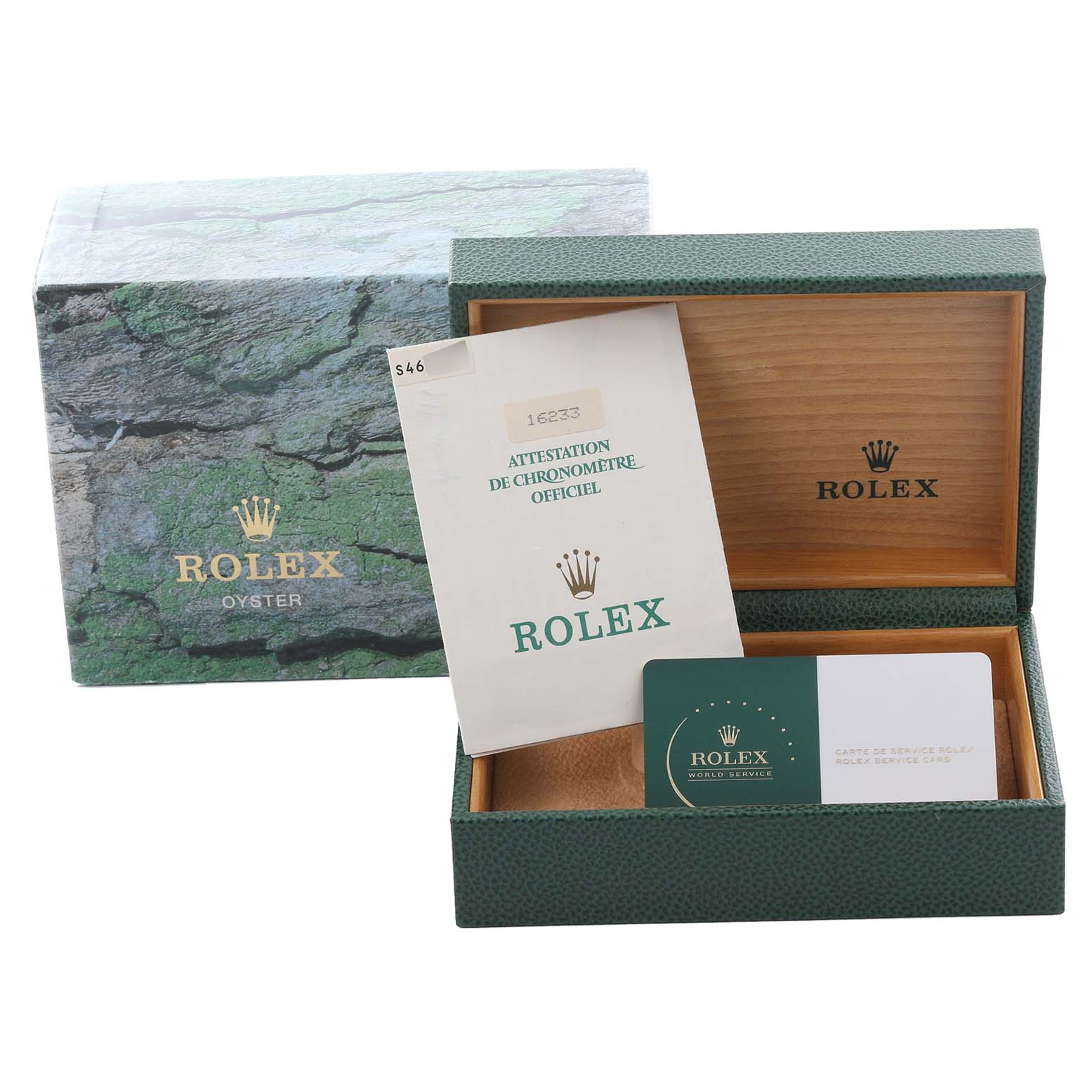 The image shows the packaging and documentation accessories for a Rolex Datejust 16233 Men
s Steel and Gold (two tone) White Dial 16233 Men
s Steel and Gold (two tone) White Dial watch.