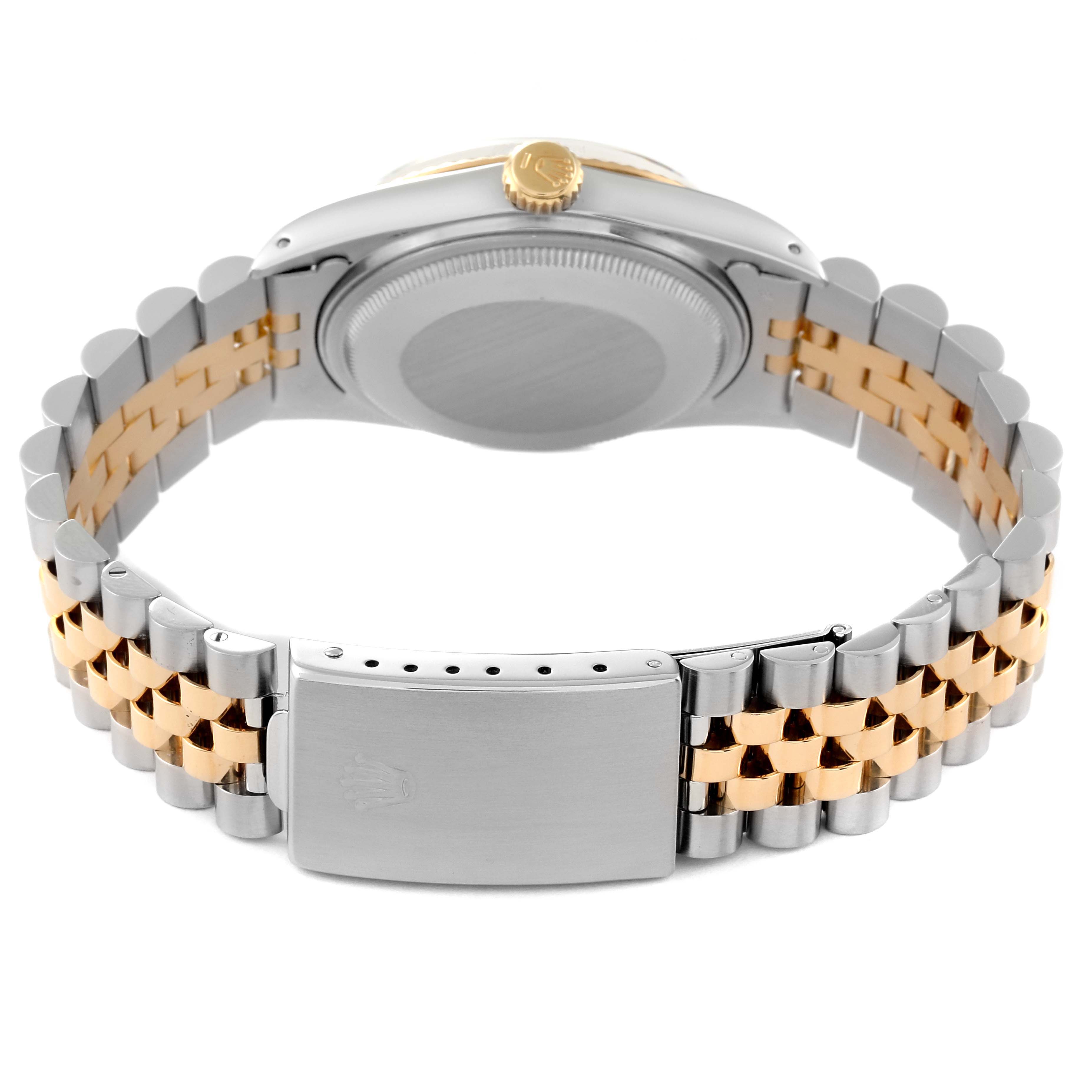 This image shows the back view of a Rolex Vintage Collection 16013 Men's Steel and Gold (two tone) White Dial 16013 Men's Steel and Gold (two tone) White Dial watch, highlighting the case back and two-tone metal bracelet.