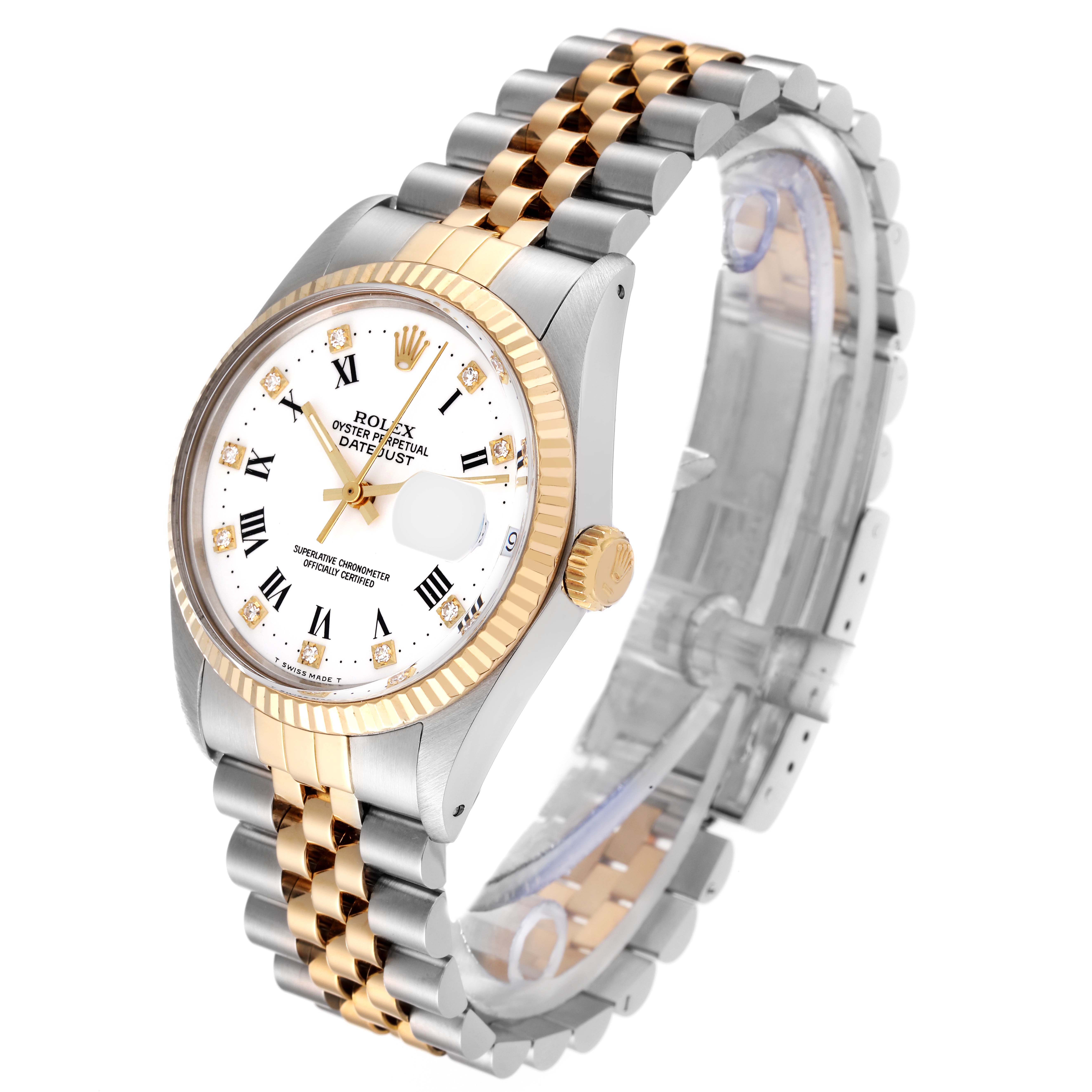 This image shows a Rolex Vintage Collection 16013 Men's Steel and Gold (two tone) White Dial 16013 Men's Steel and Gold (two tone) White Dial Datejust watch at a 3/4 angle, clearly displaying its face, bezel, and two-tone bracelet.