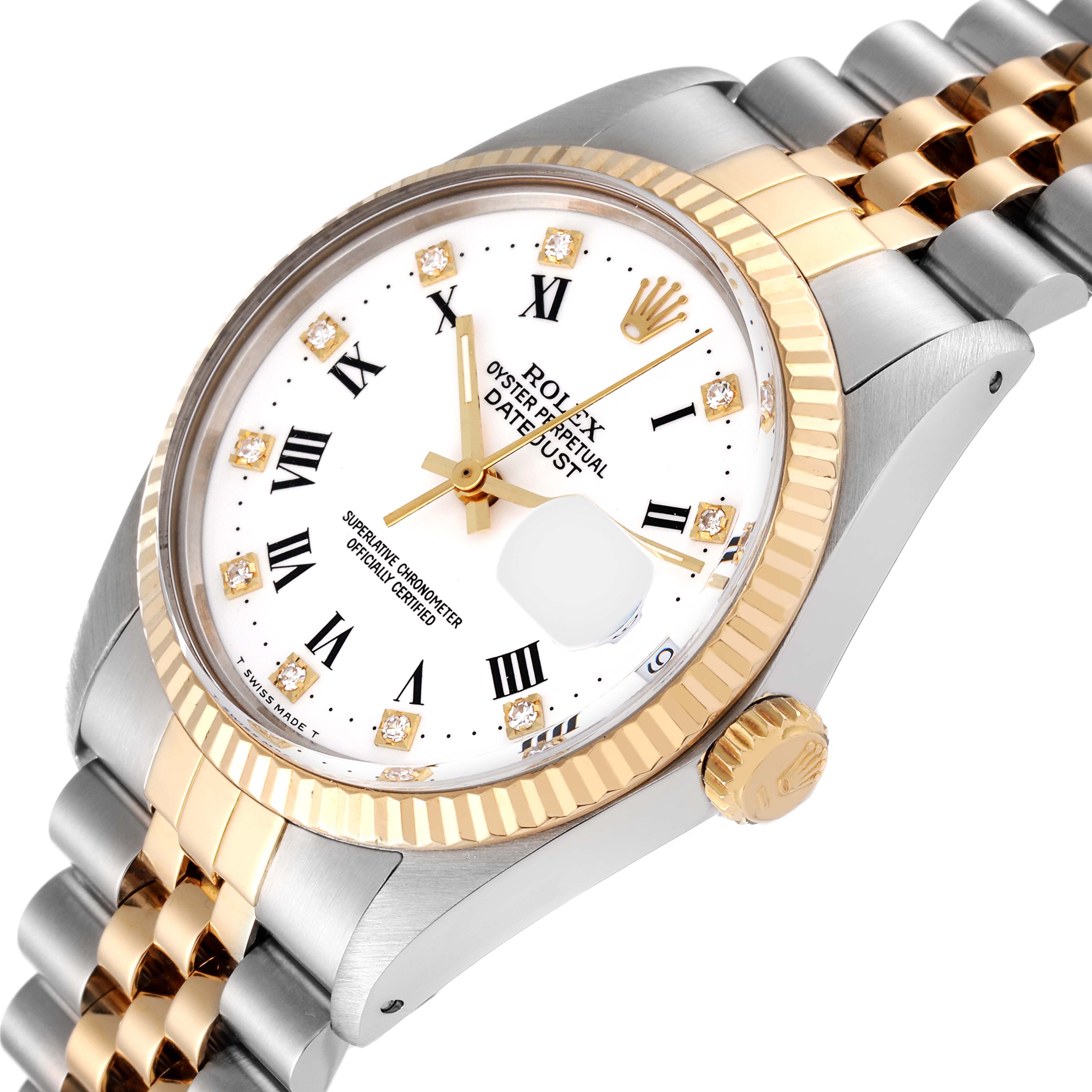 The Vintage Collection Rolex watch is shown at an angled front view, highlighting the face, bezel, crown, and bracelet.