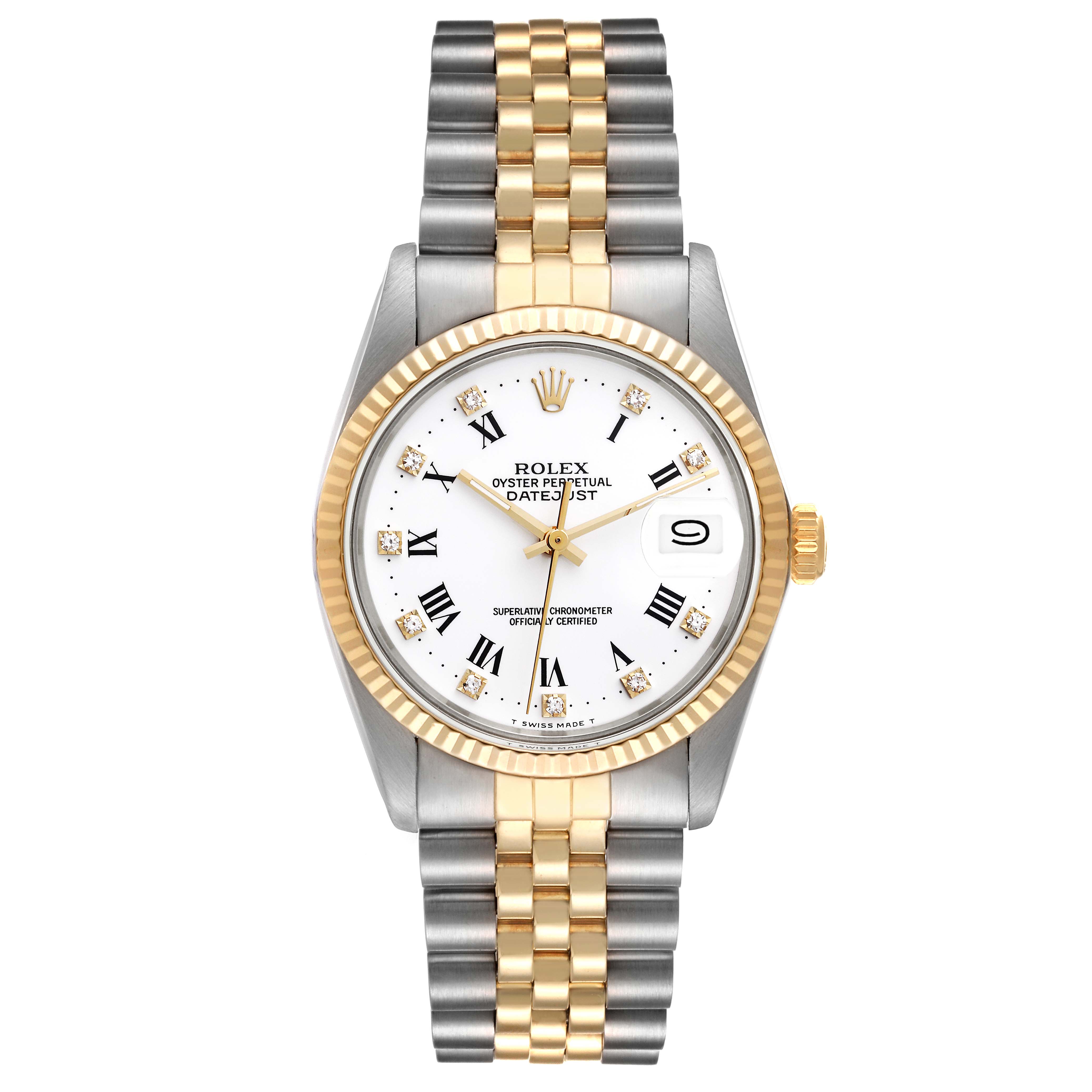 This image shows a front view of the Rolex Vintage Collection 16013 Men's Steel and Gold (two tone) White Dial 16013 Men's Steel and Gold (two tone) White Dial Oyster Perpetual Datejust watch with a gold and silver bracelet.