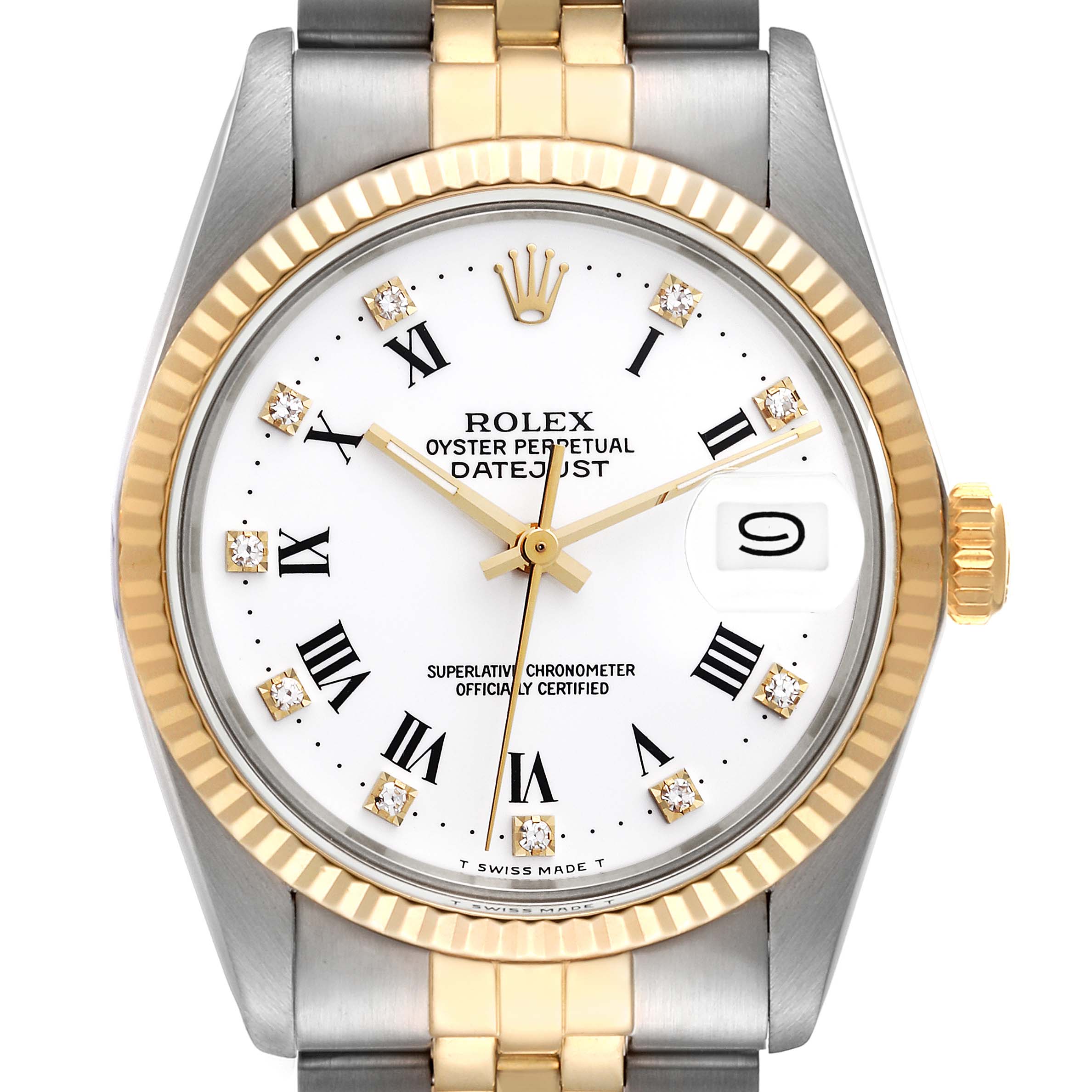 The image shows the face of a Vintage Collection Rolex Oyster Perpetual Datejust watch from a top-down angle, displaying the dial, hands, crown, and part of the bracelet.