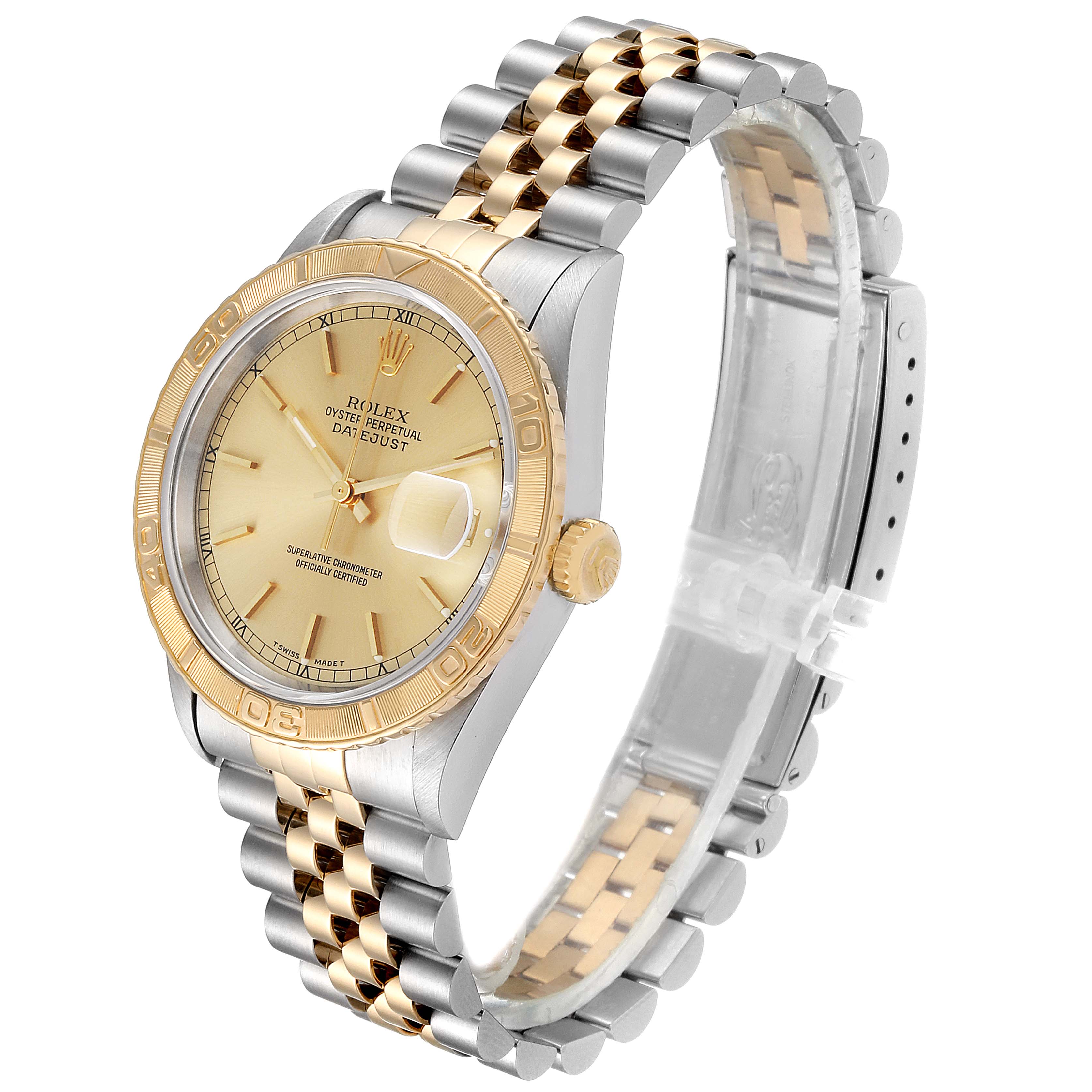 The Rolex Turn-o-Graph 16263 Men's Steel and Gold (two tone) Champagne Dial 16263 Men's Steel and Gold (two tone) Champagne Dial watch is shown at a slight angle displaying the face, bezel, crown, and part of the two-tone bracelet.