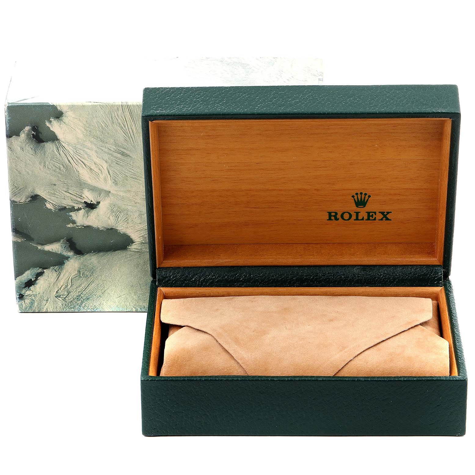 The image shows a green Rolex box for the Turn-o-Graph model, open to reveal a suede pouch inside.