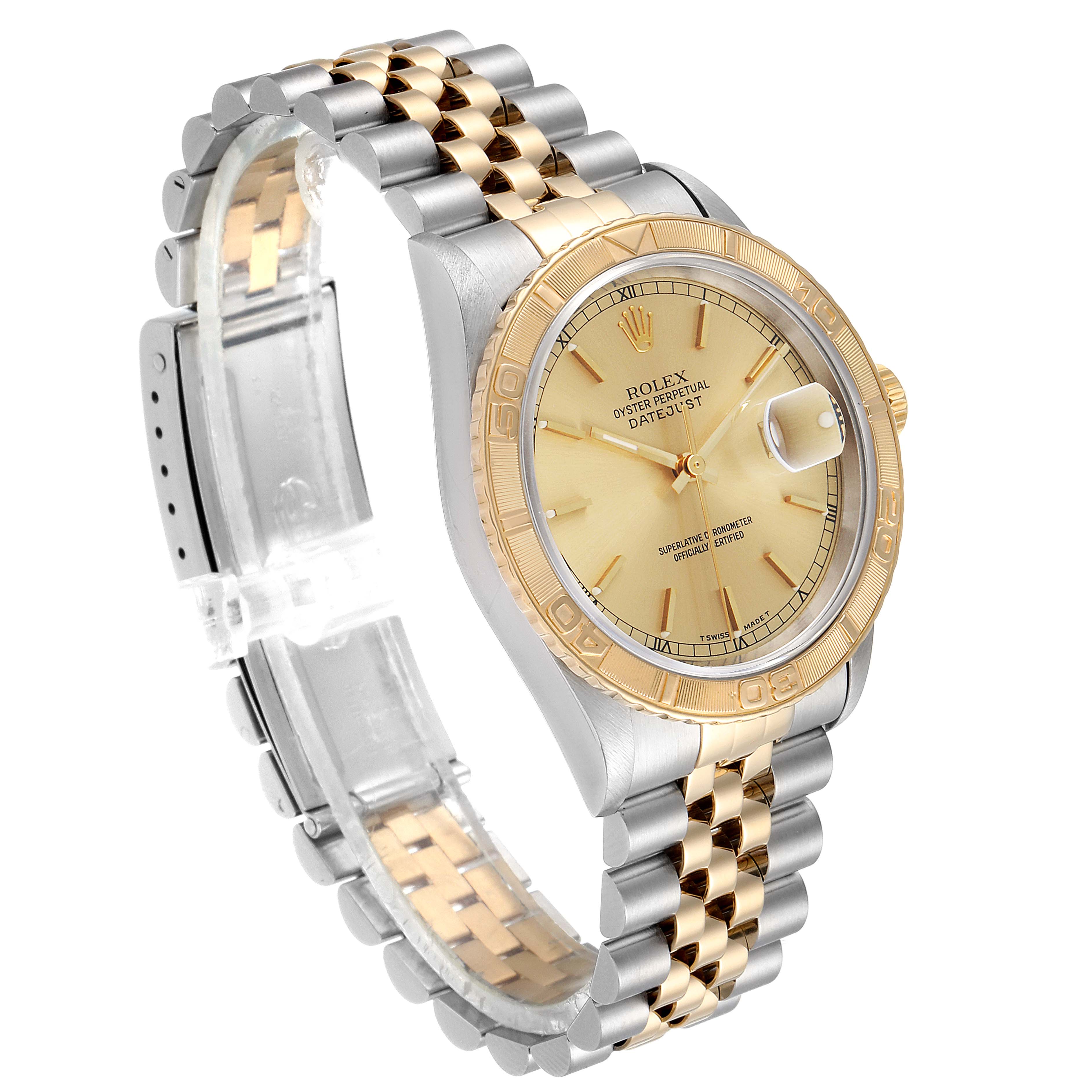 This image shows a Rolex Turn-o-Graph 16263 Men's Steel and Gold (two tone) Champagne Dial 16263 Men's Steel and Gold (two tone) Champagne Dial watch at a front-side angle, displaying its dial, bezel, and two-tone bracelet.