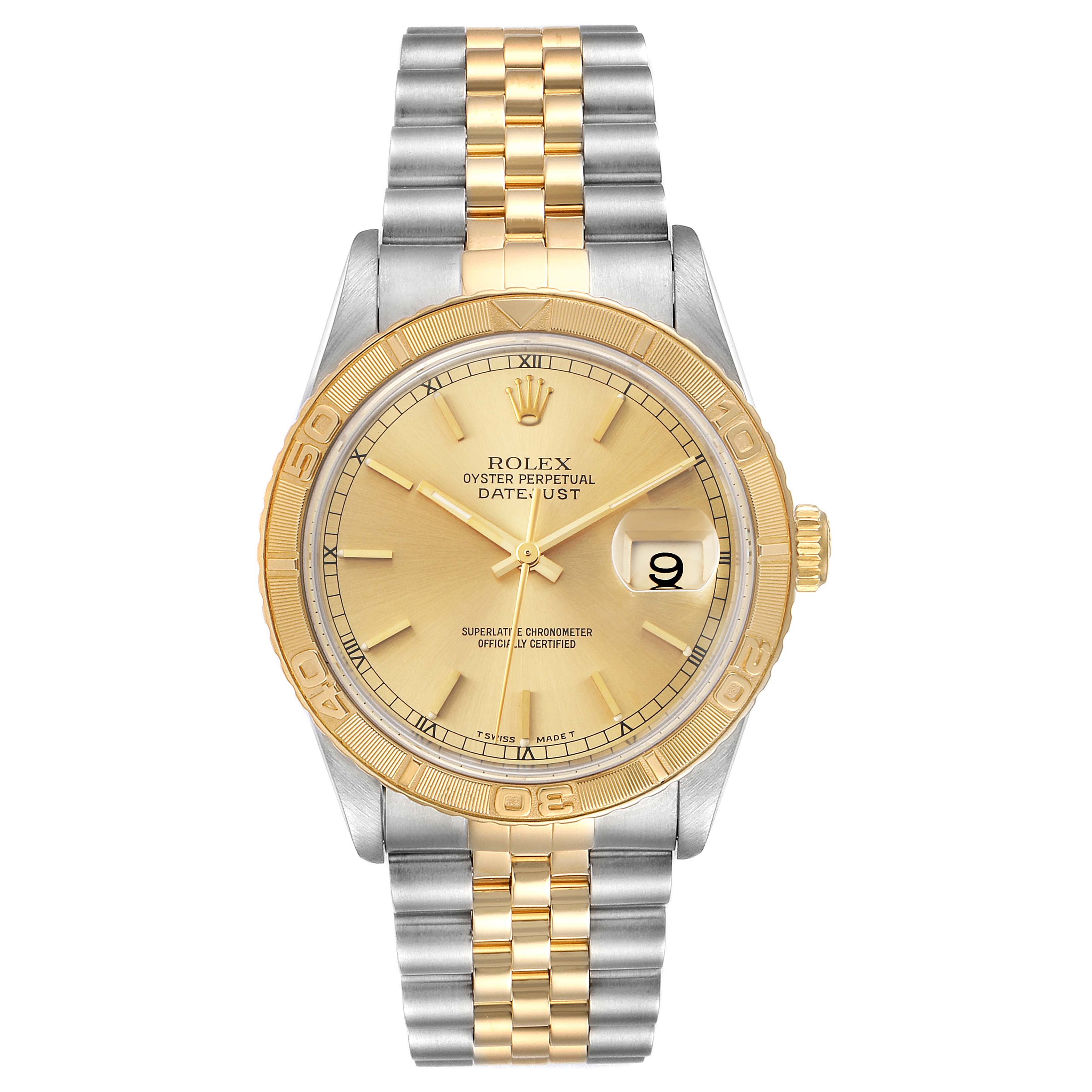 The image shows a front view of the Rolex Turn-o-Graph 16263 Men's Steel and Gold (two tone) Champagne Dial 16263 Men's Steel and Gold (two tone) Champagne Dial watch, displaying its dial, two-tone bezel, and Jubilee bracelet.