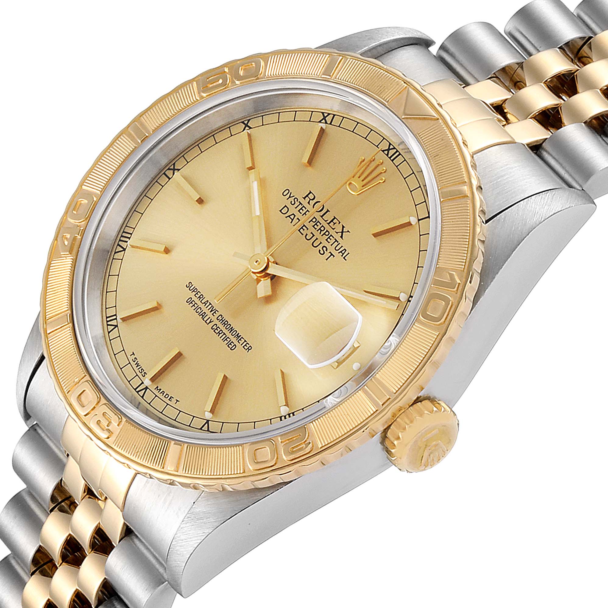 This image shows a close-up of a Rolex Turn-o-Graph 16263 Men's Steel and Gold (two tone) Champagne Dial 16263 Men's Steel and Gold (two tone) Champagne Dial watch, highlighting the dial, bezel, crown, and part of the bracelet.