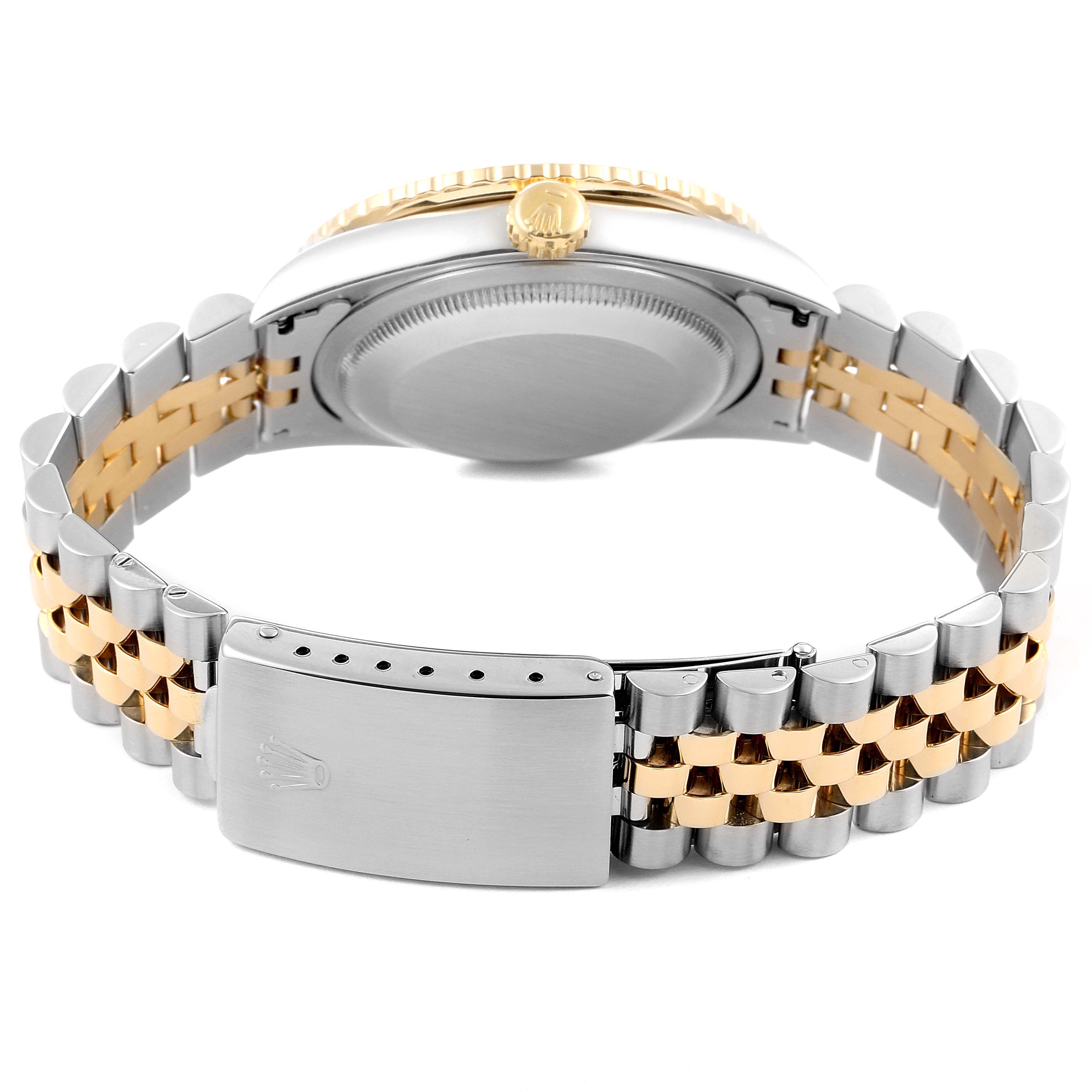 This image shows the back and bracelet of the Rolex Turn-o-Graph 16263 Men's Steel and Gold (two tone) Champagne Dial 16263 Men's Steel and Gold (two tone) Champagne Dial, highlighting its clasp, links, and part of the case and crown.