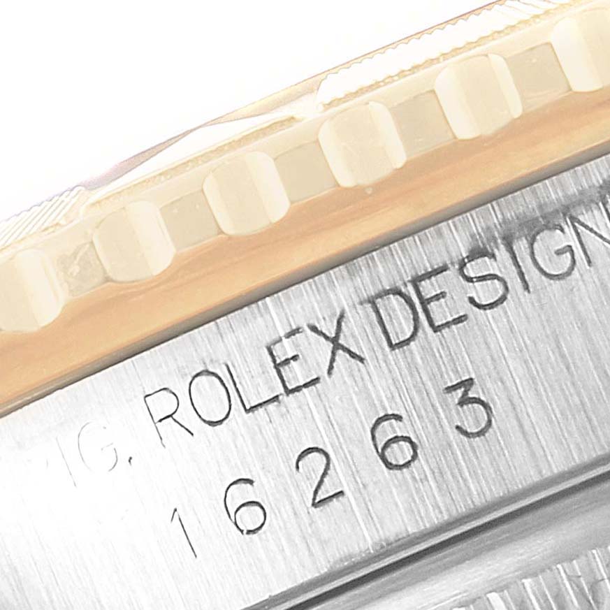 The image shows a close-up of the case bezel and model number engraving of a Rolex Turn-o-Graph 16263 Men's Steel and Gold (two tone) Champagne Dial 16263 Men's Steel and Gold (two tone) Champagne Dial watch.
