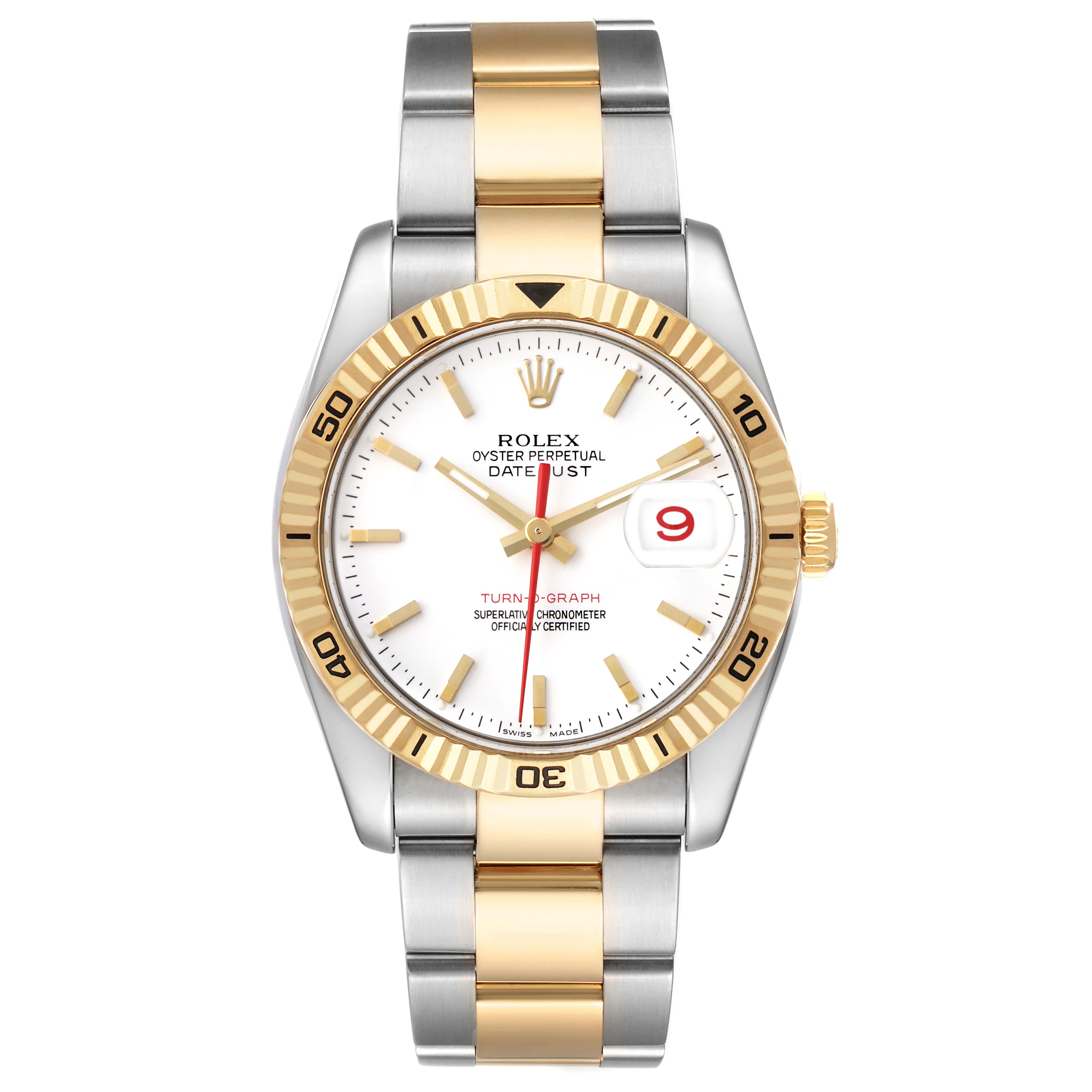 The Rolex Turn-o-Graph 116263 Men's Steel and Gold (two tone) White Dial watch is shown from a top-down angle, highlighting the bezel, dial, and two-tone bracelet.