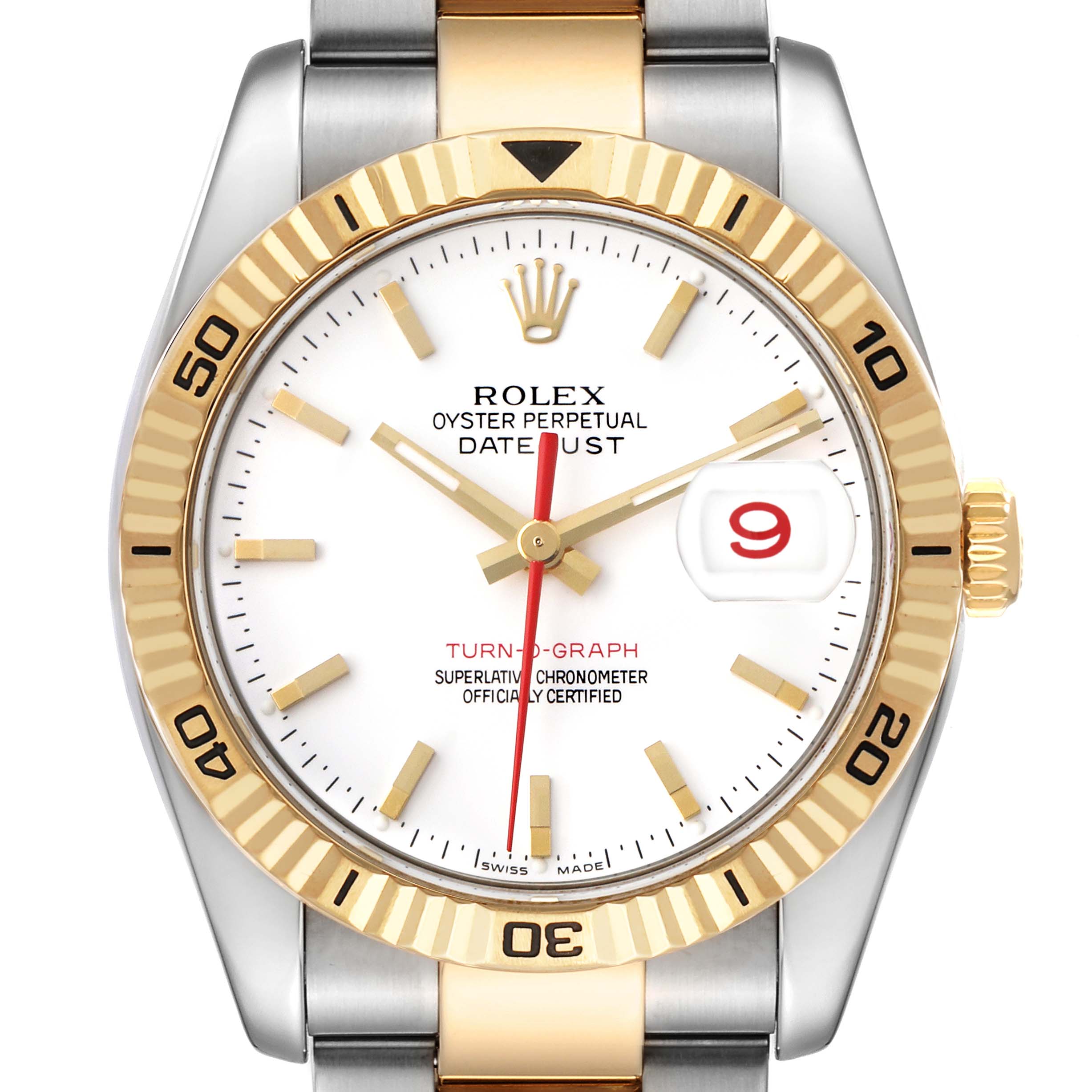 The Rolex Turn-o-Graph 116263 Men's Steel and Gold (two tone) White Dial watch is shown from a front angle, highlighting its dial, bezel, and bracelet.