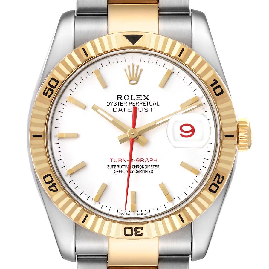 The Rolex Turn-o-Graph 116263 Men's Steel and Gold (two tone) White Dial watch is shown from a front angle, highlighting its dial, bezel, and bracelet.