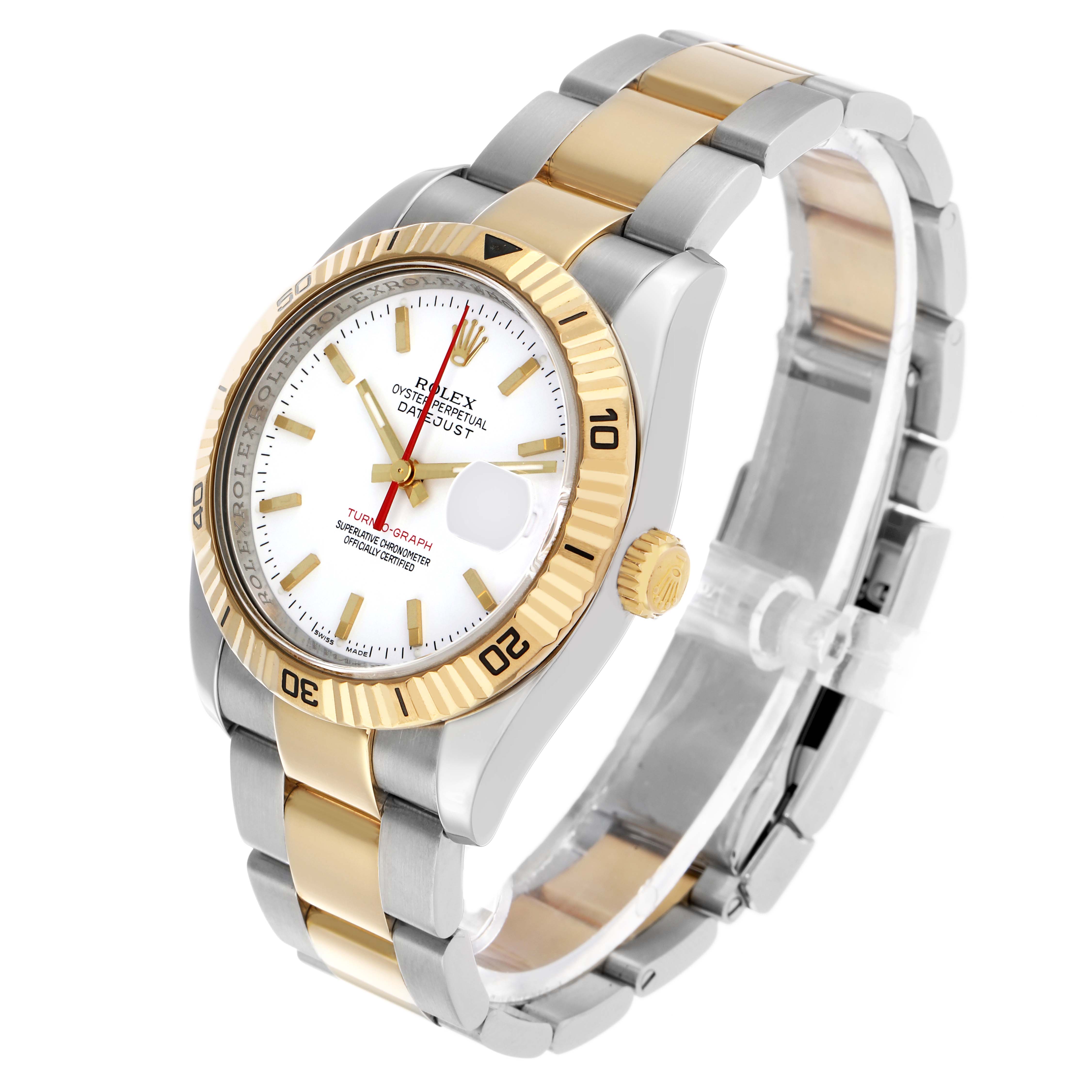 The Rolex Turn-o-Graph 116263 Men's Steel and Gold (two tone) White Dial watch is shown at a three-quarter angle, highlighting the bezel, dial, crown, and two-tone bracelet.