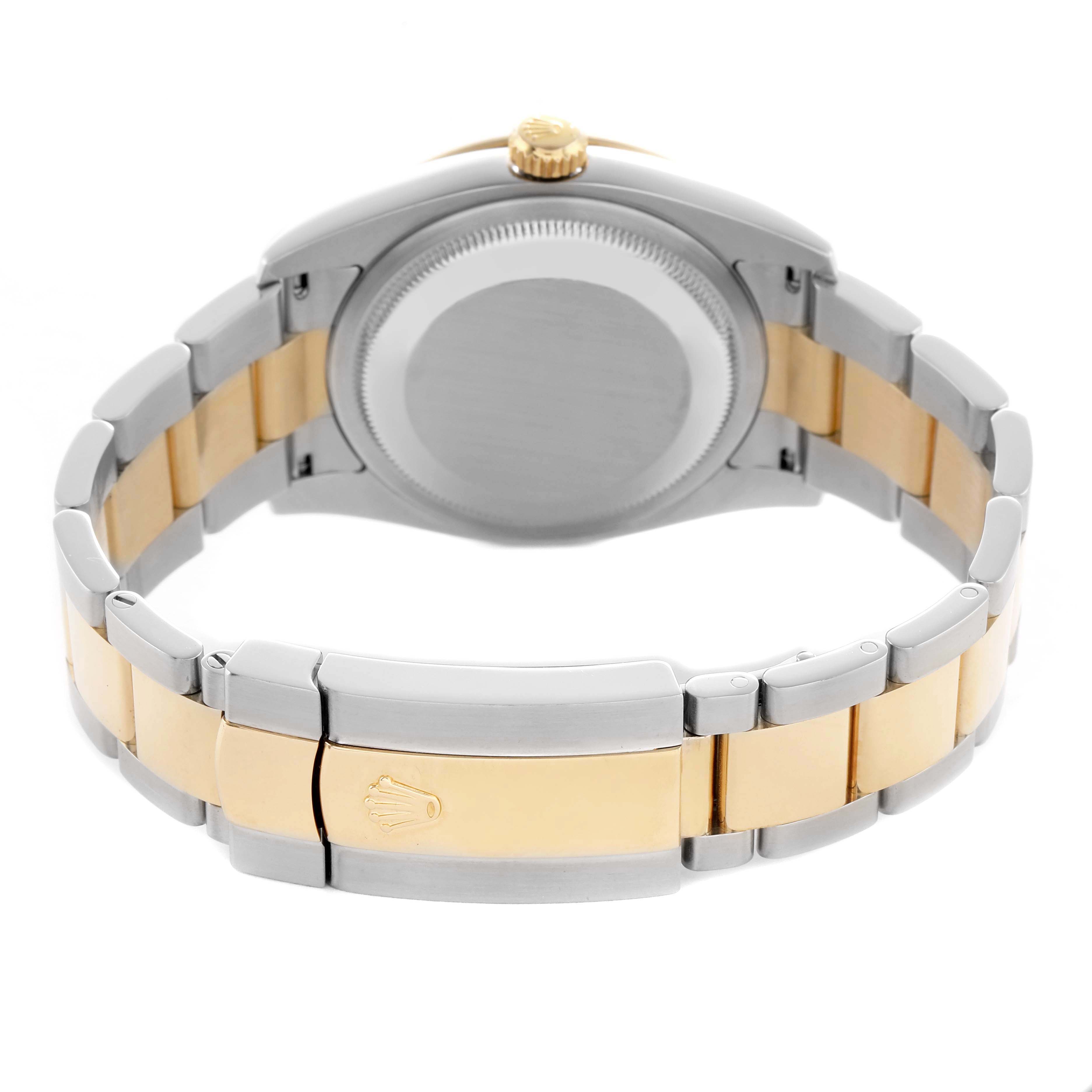 The image shows the back view of a Rolex Turn-o-Graph 116263 Men's Steel and Gold (two tone) White Dial watch, highlighting the case back, crown, and two-tone bracelet.