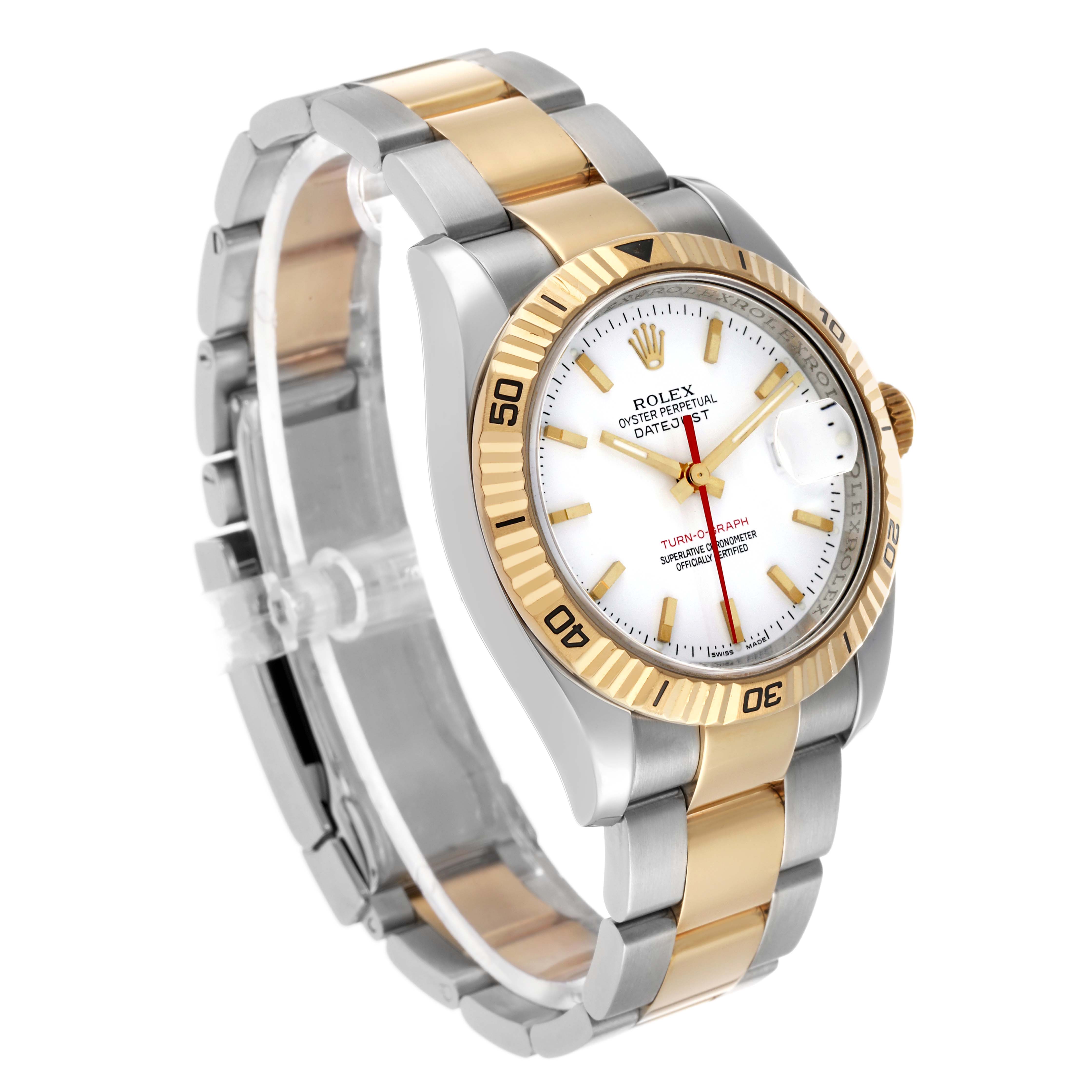 The Rolex Turn-o-Graph 116263 Men's Steel and Gold (two tone) White Dial watch is shown at a three-quarter angle, highlighting the bezel, dial, and two-tone bracelet.