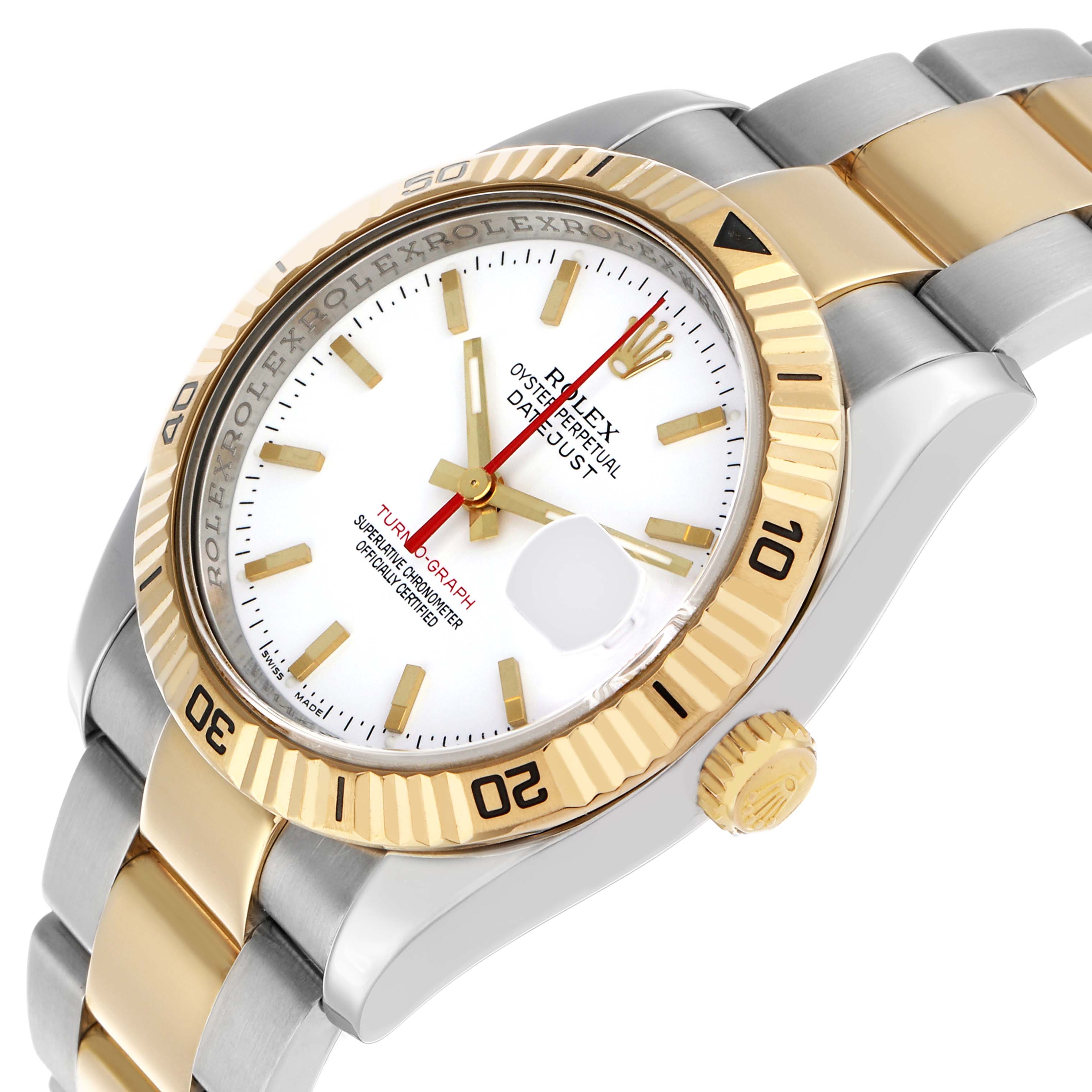 The Rolex Turn-o-Graph 116263 Men's Steel and Gold (two tone) White Dial watch is shown at an angled view, highlighting the bezel, dial, crown, and bracelet.