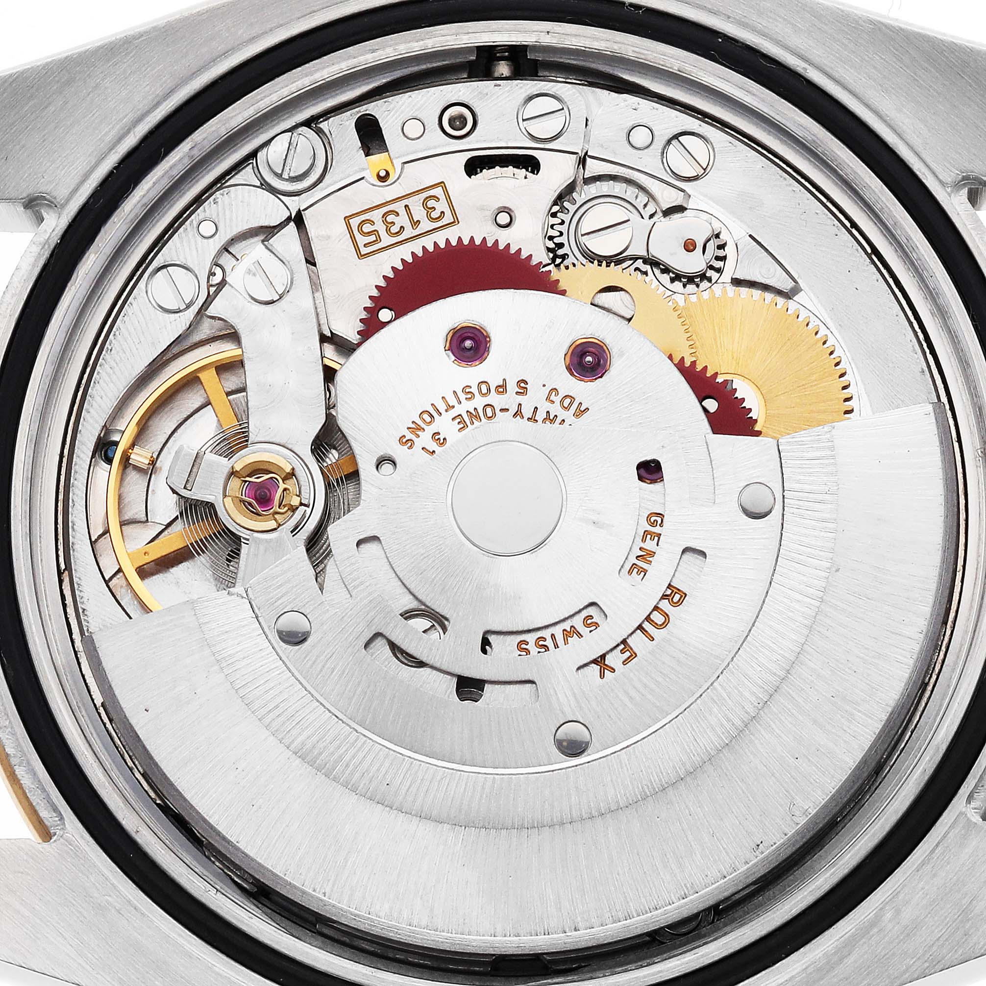 The image shows the movement mechanism of a Rolex Turn-o-Graph 116263 Men's Steel and Gold (two tone) White Dial watch from a top-down angle, highlighting gears and components.
