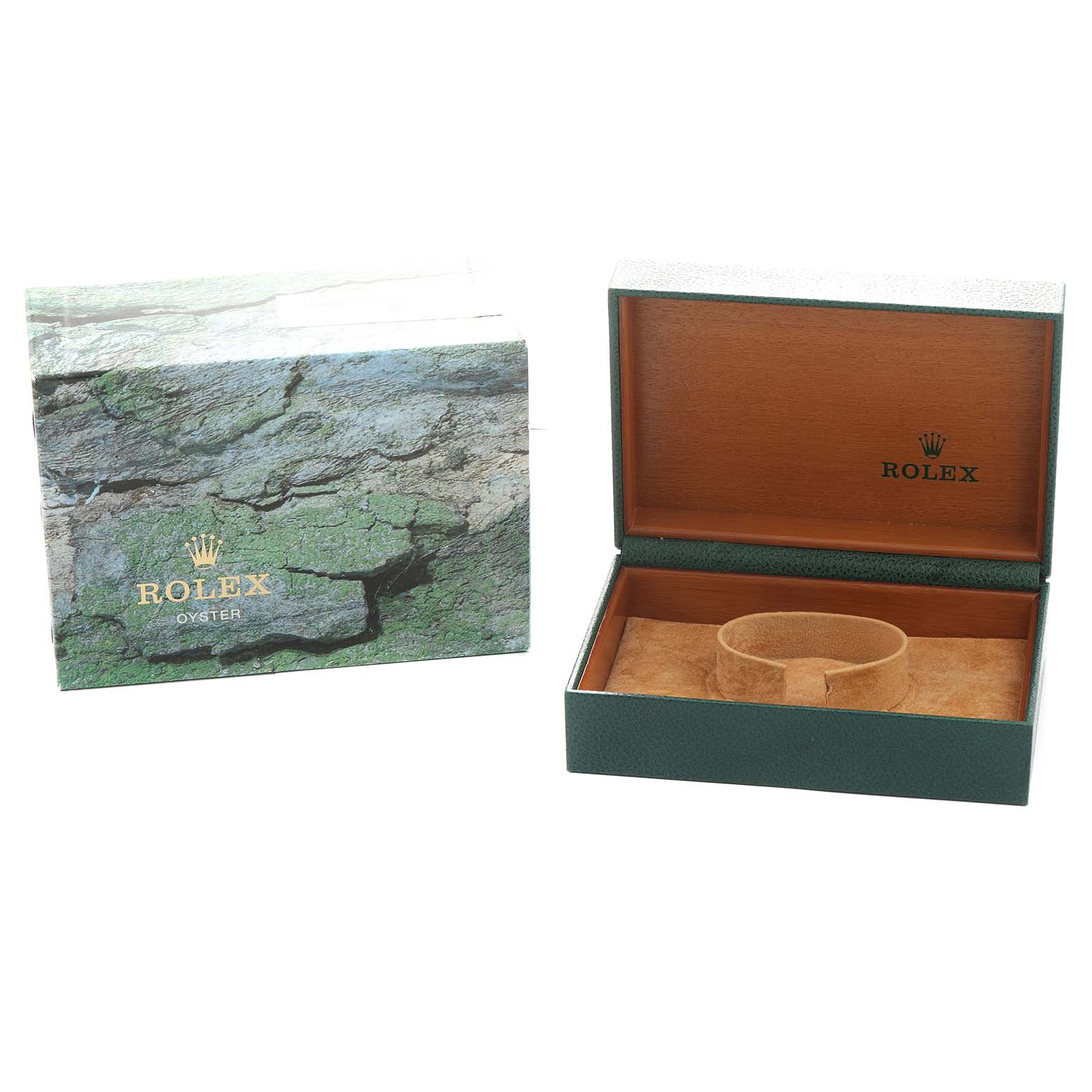 The image shows an open Rolex Turn-o-Graph 116263 Men's Steel and Gold (two tone) White Dial watch box and its outer packaging from a front angle.