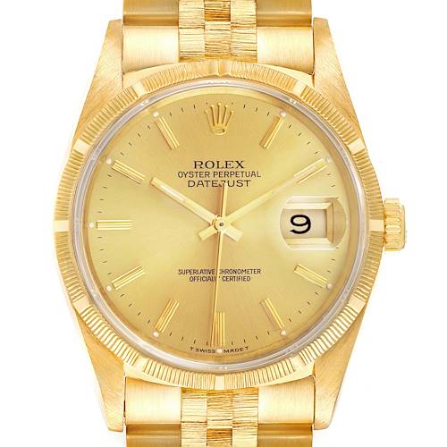 Photo of Rolex Datejust Yellow Gold Bark Finish Champagne Dial Mens Watch 16248